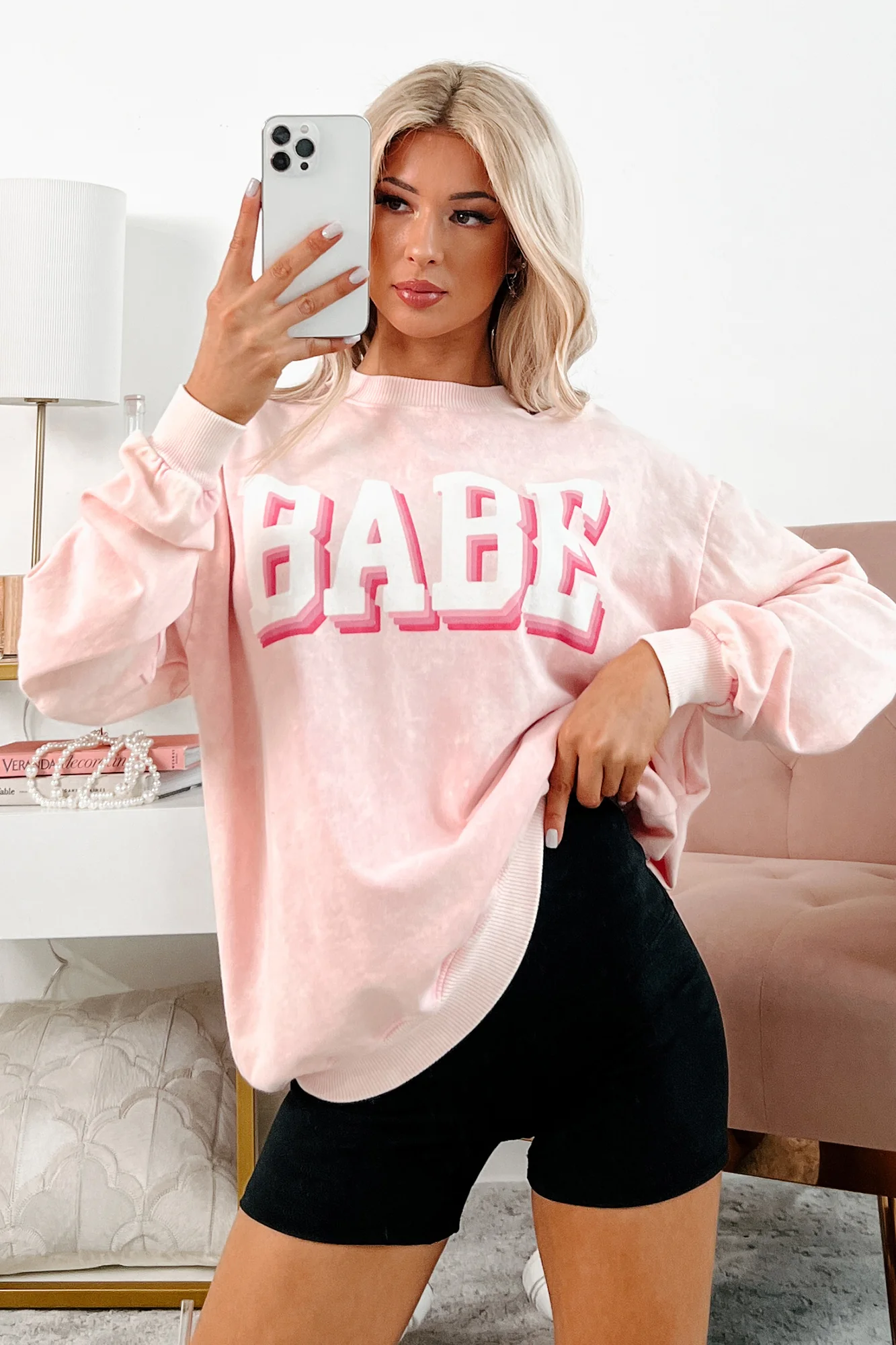 "Babe" Acid Wash Graphic Sweatshirt (Washed Pink) - Image 10