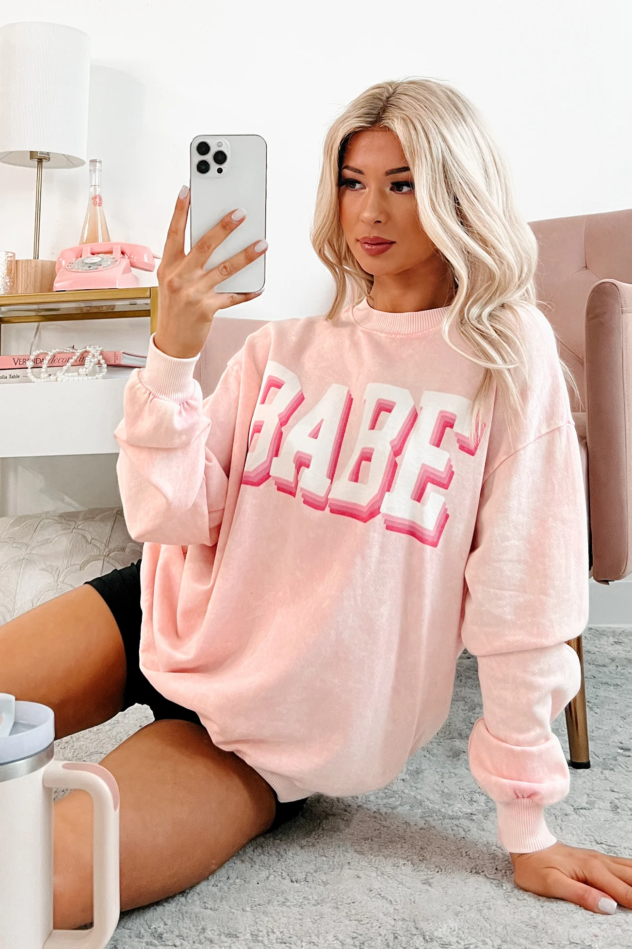 "Babe" Acid Wash Graphic Sweatshirt (Washed Pink) - Image 11
