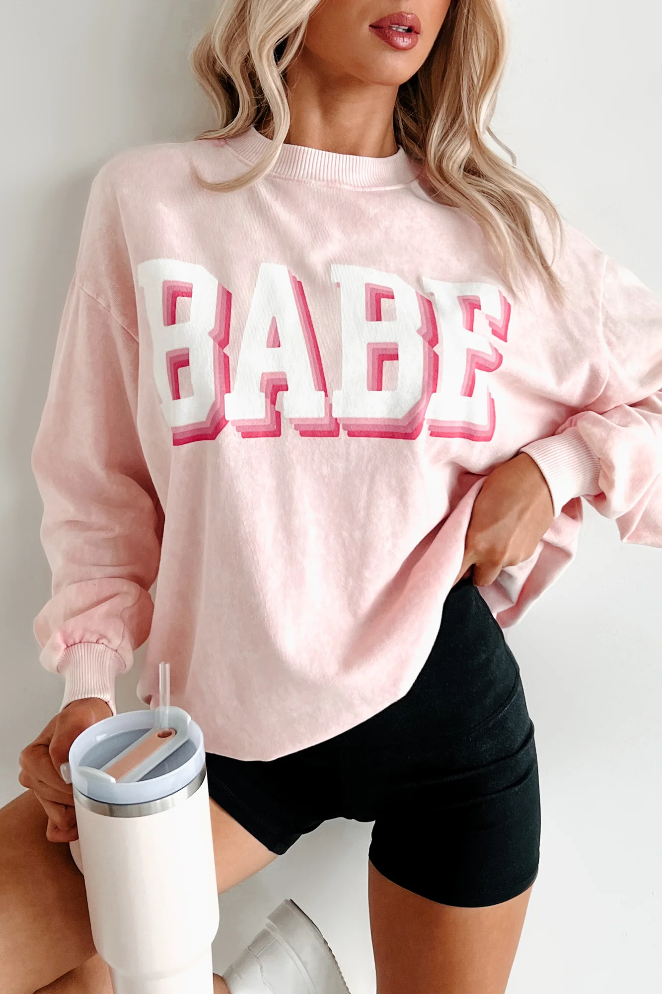 "Babe" Acid Wash Graphic Sweatshirt (Washed Pink) - Image 3