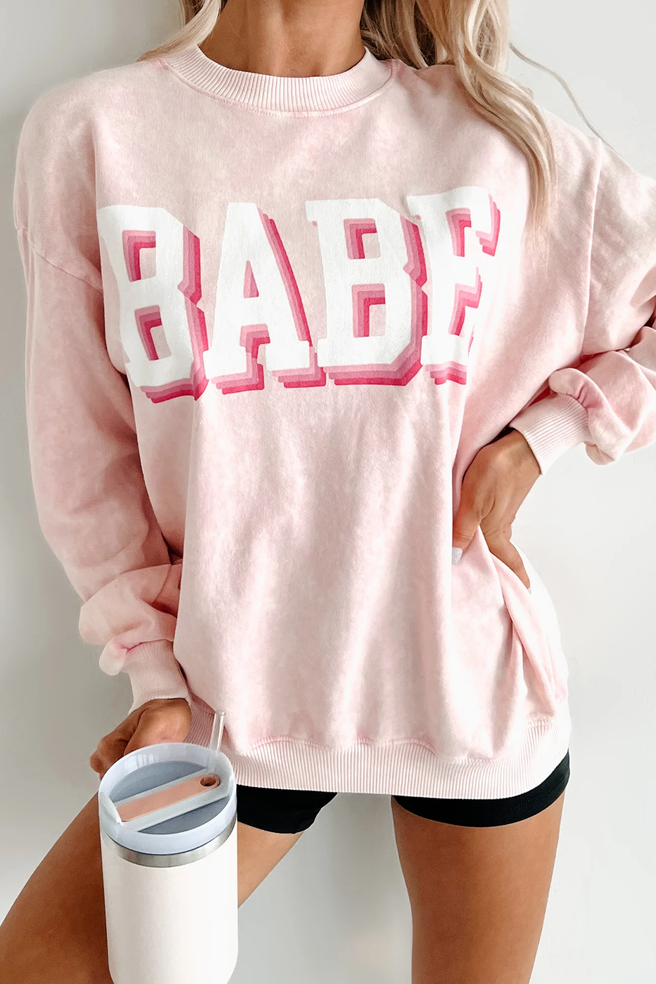 "Babe" Acid Wash Graphic Sweatshirt (Washed Pink) - Image 9