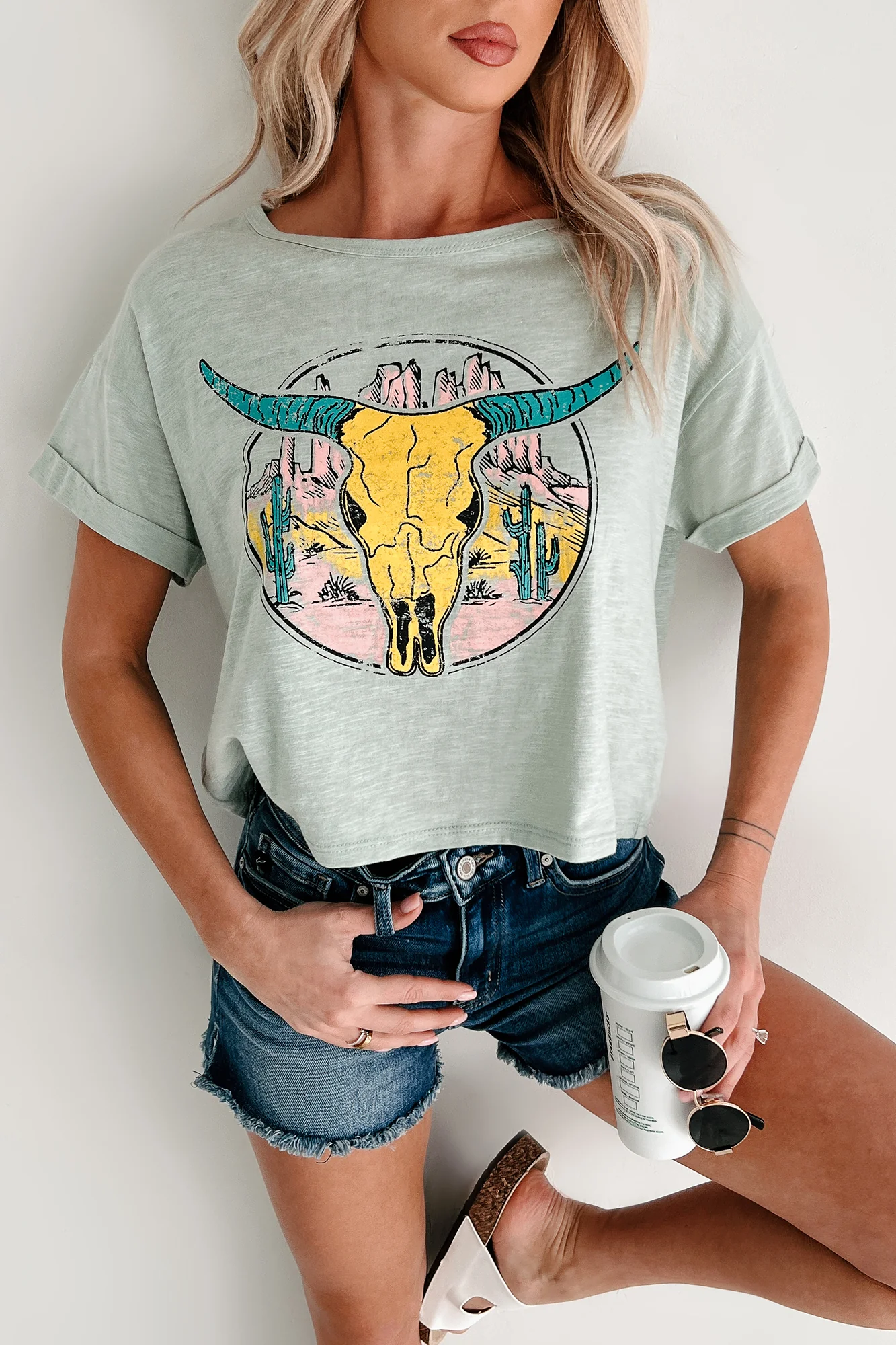 Back In The Saddle Boxy Bull Skull Graphic T-Shirt (Sage) - Image 10
