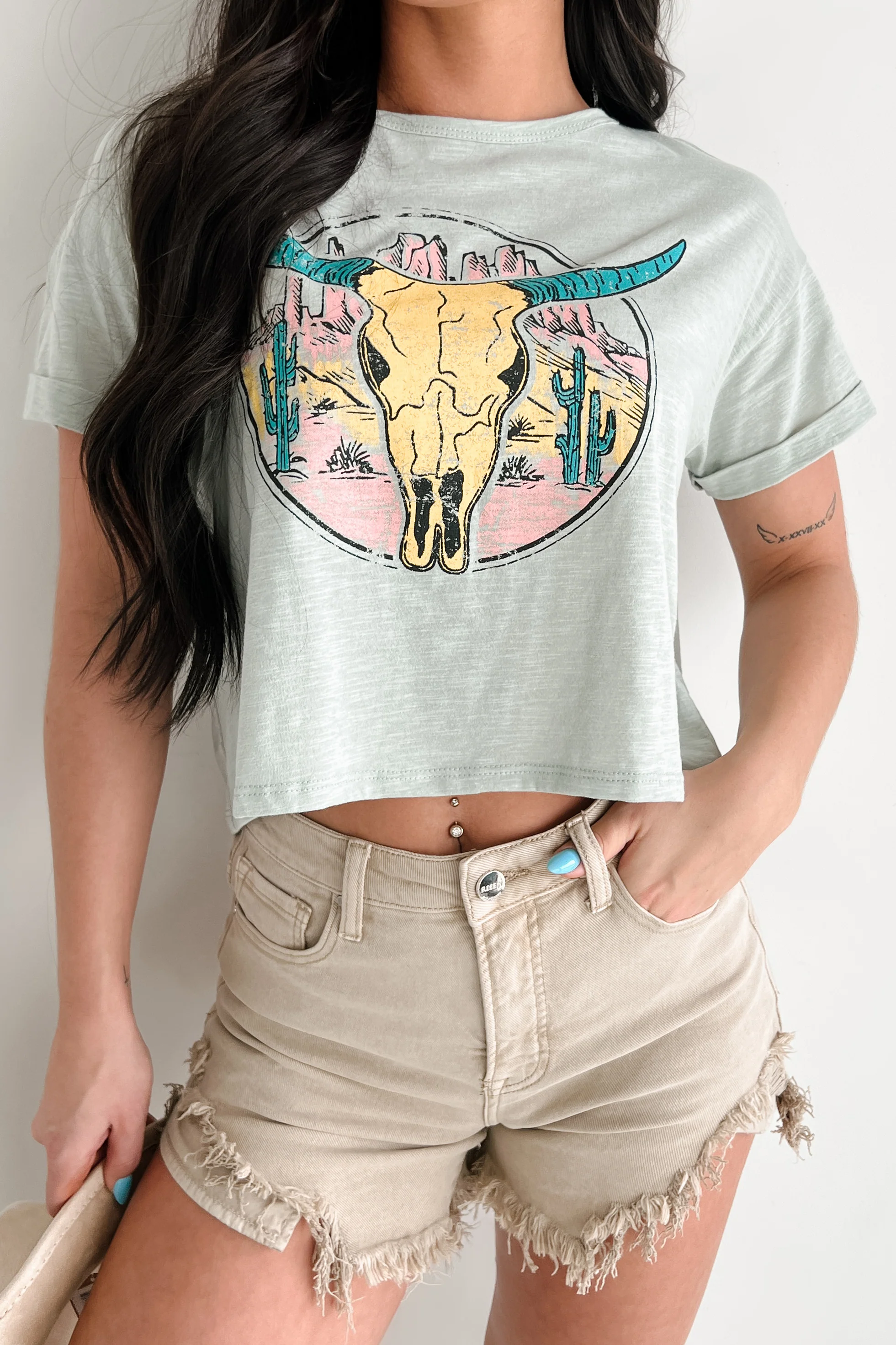 Back In The Saddle Boxy Bull Skull Graphic T-Shirt (Sage) - Image 4