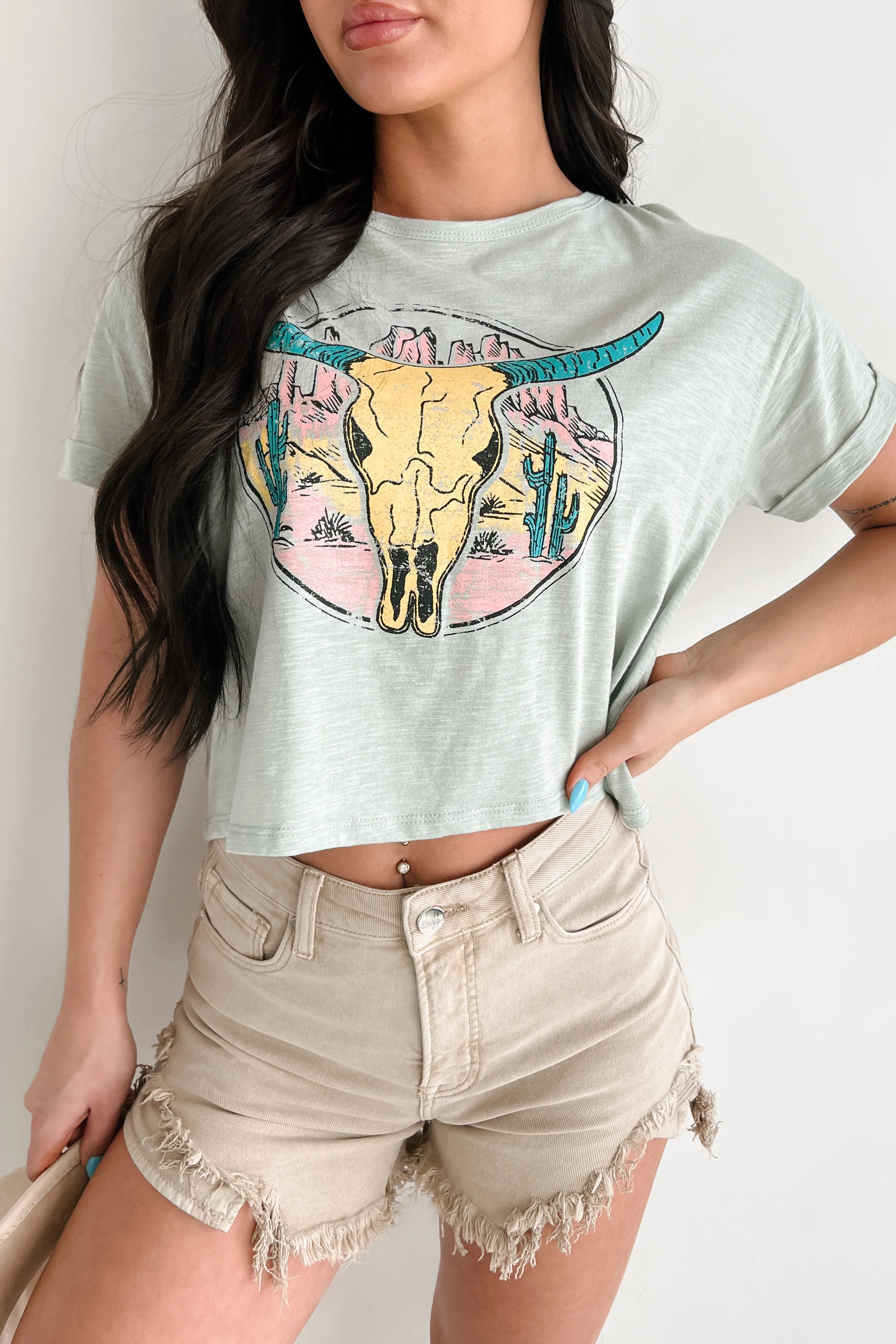 Back In The Saddle Boxy Bull Skull Graphic T-Shirt (Sage) - Image 8