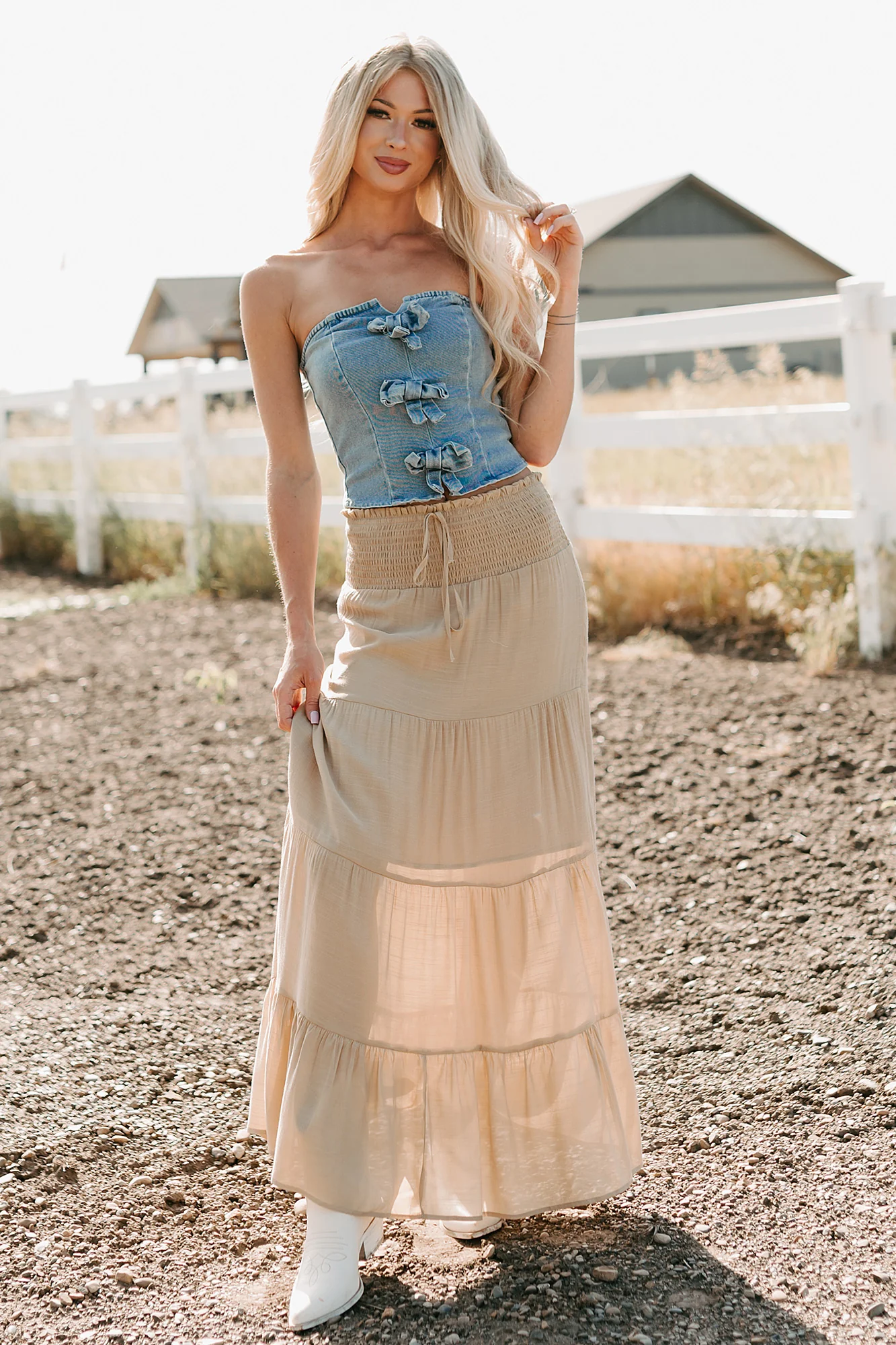 Back To Strangers Denim Bow Front Corset Top (Light Wash) - Image 11