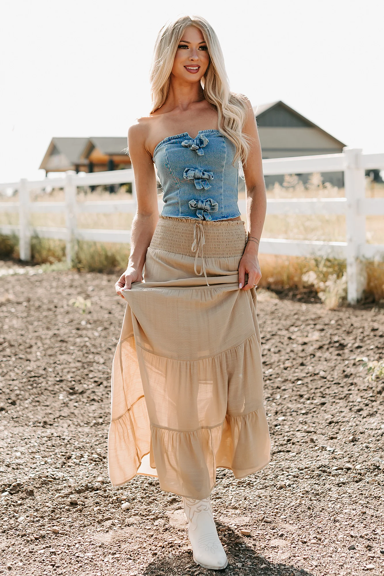 Back To Strangers Denim Bow Front Corset Top (Light Wash) - Image 12