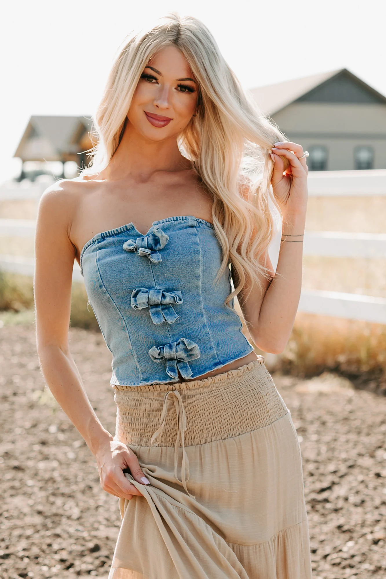 Back To Strangers Denim Bow Front Corset Top (Light Wash) - Image 13