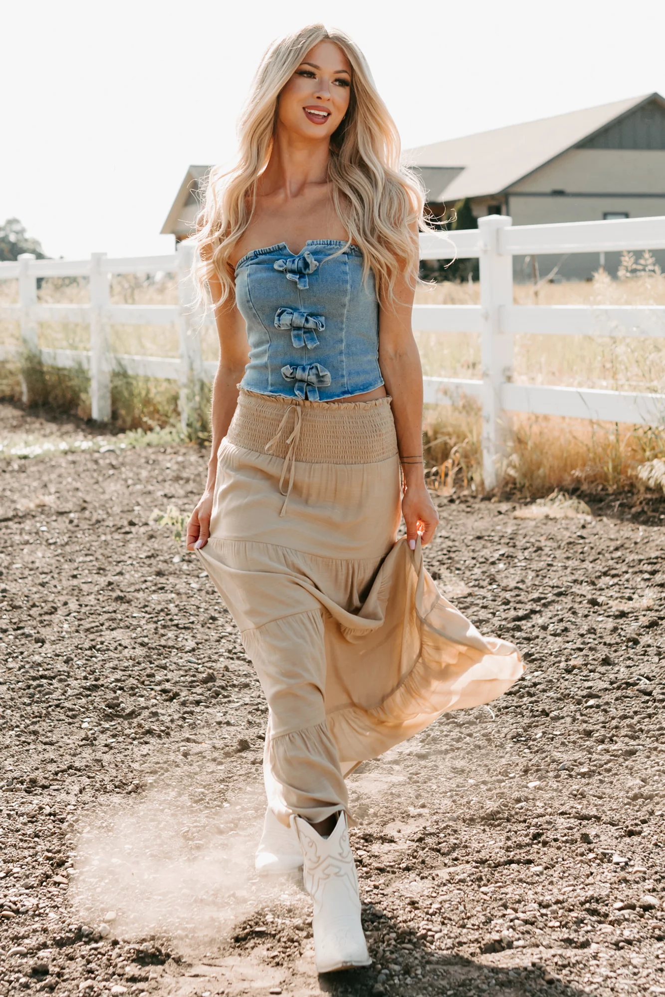 Back To Strangers Denim Bow Front Corset Top (Light Wash) - Image 15