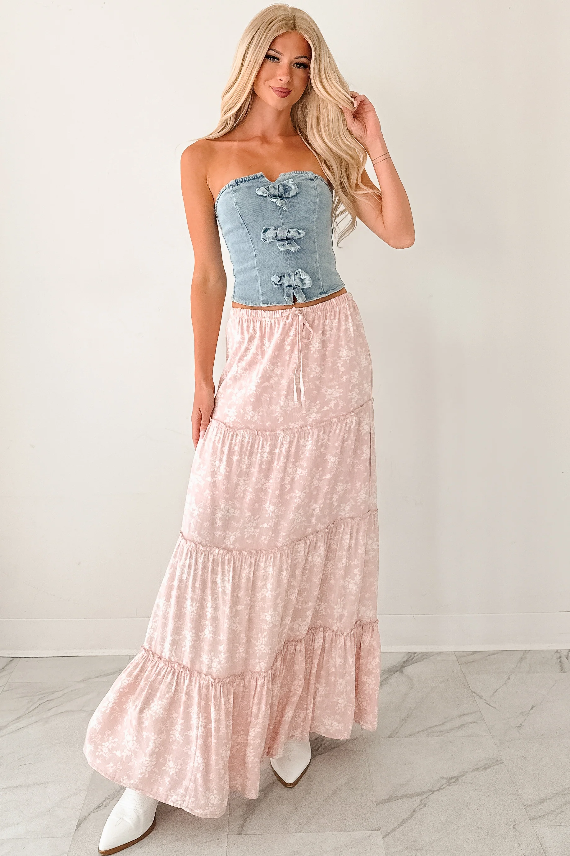 Back To Strangers Denim Bow Front Corset Top (Light Wash) - Image 17