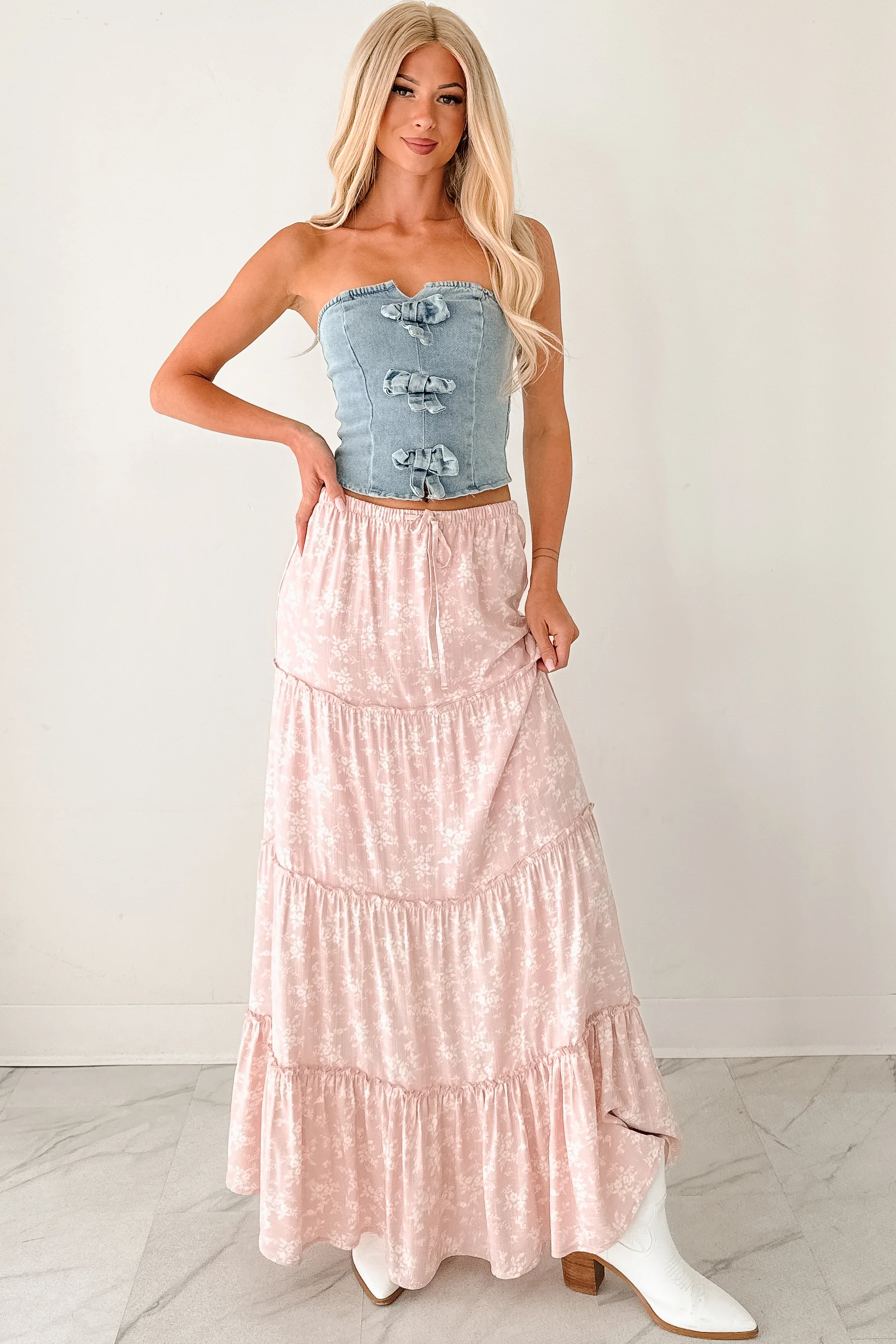 Back To Strangers Denim Bow Front Corset Top (Light Wash) - Image 18
