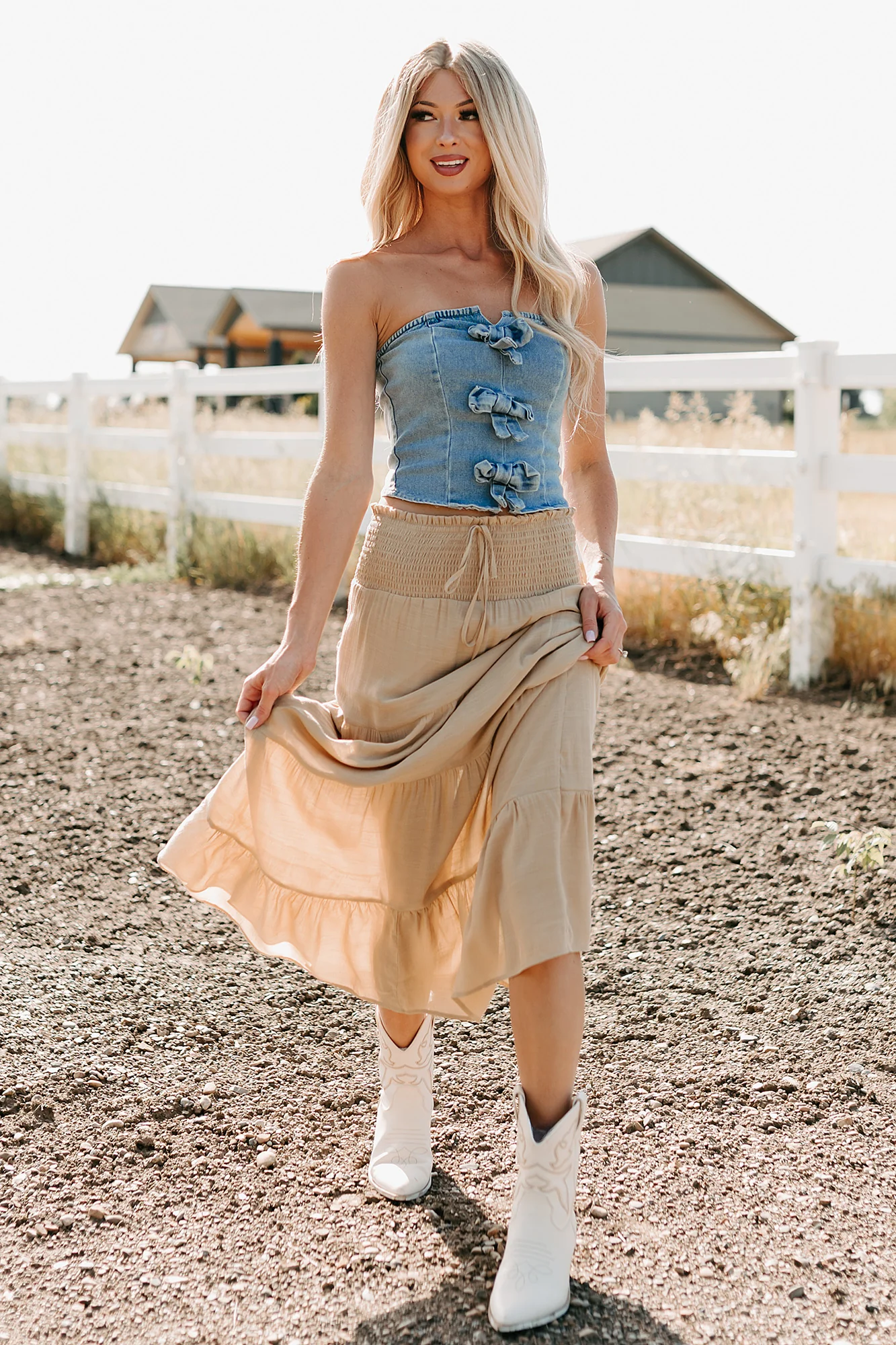 Back To Strangers Denim Bow Front Corset Top (Light Wash) - Image 8