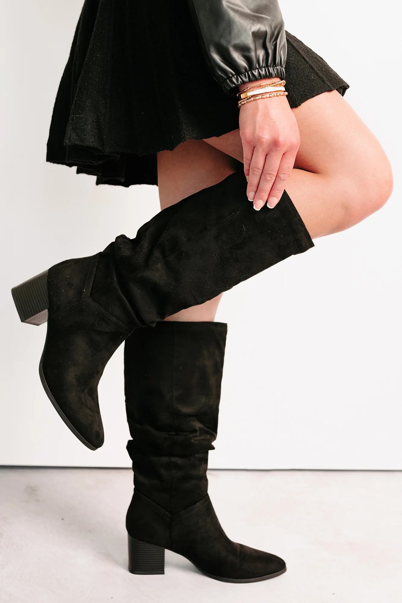 Bare & Bold Chunky Heel Faux Suede Boots (Black) - Image 7
