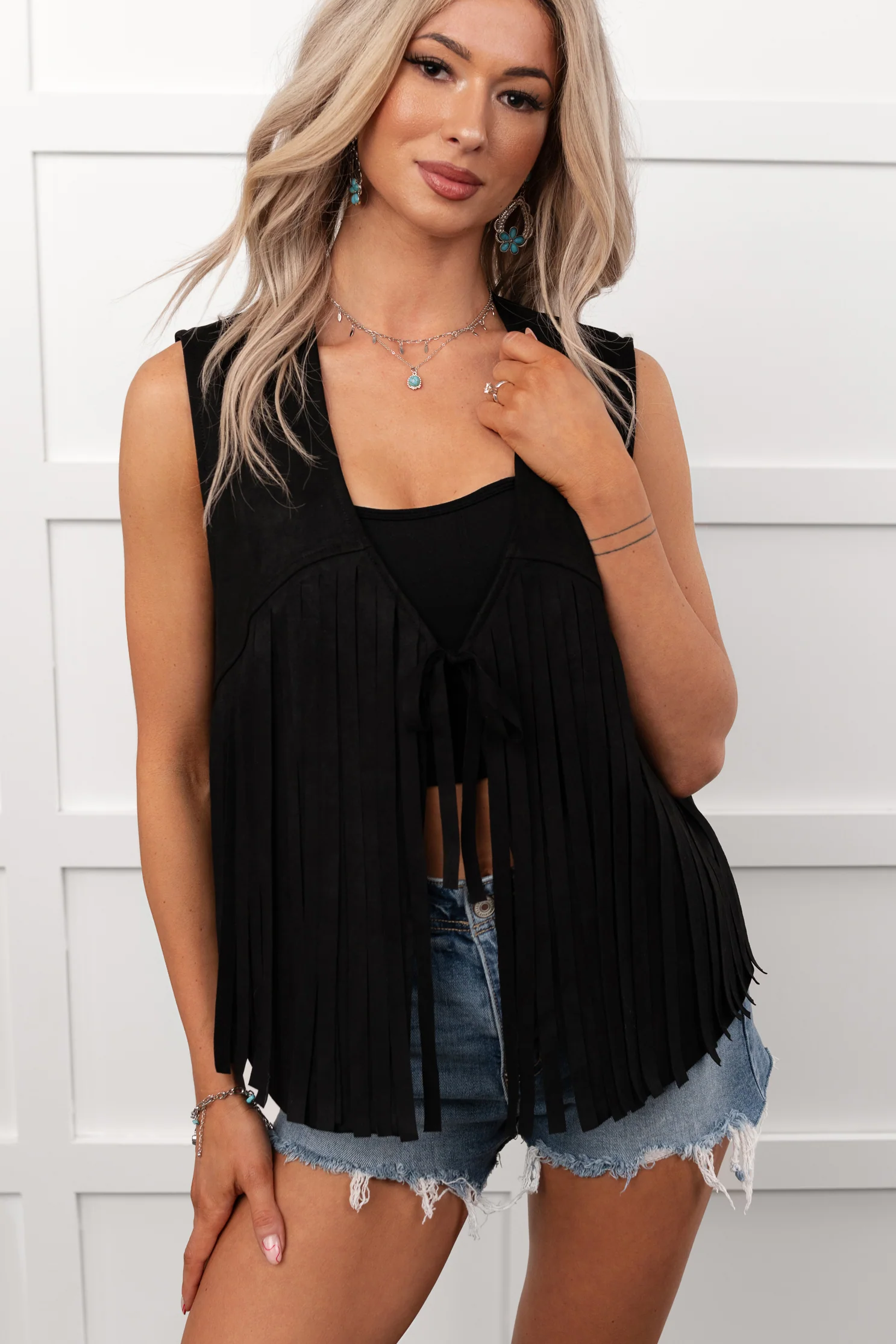 Barnwood Love Faux Suede Fringe Detail Vest (Black) - Image 4