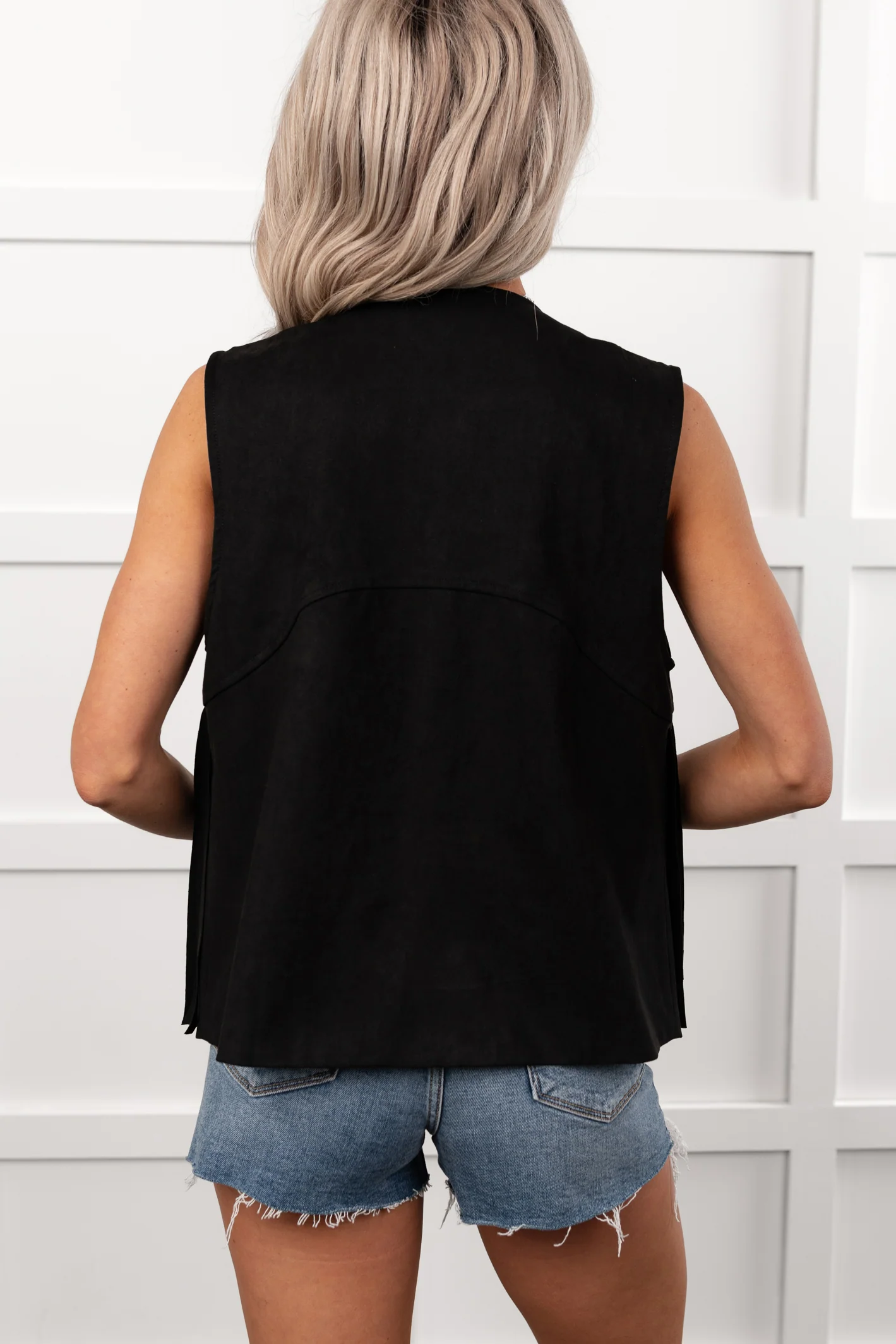 Barnwood Love Faux Suede Fringe Detail Vest (Black) - Image 5