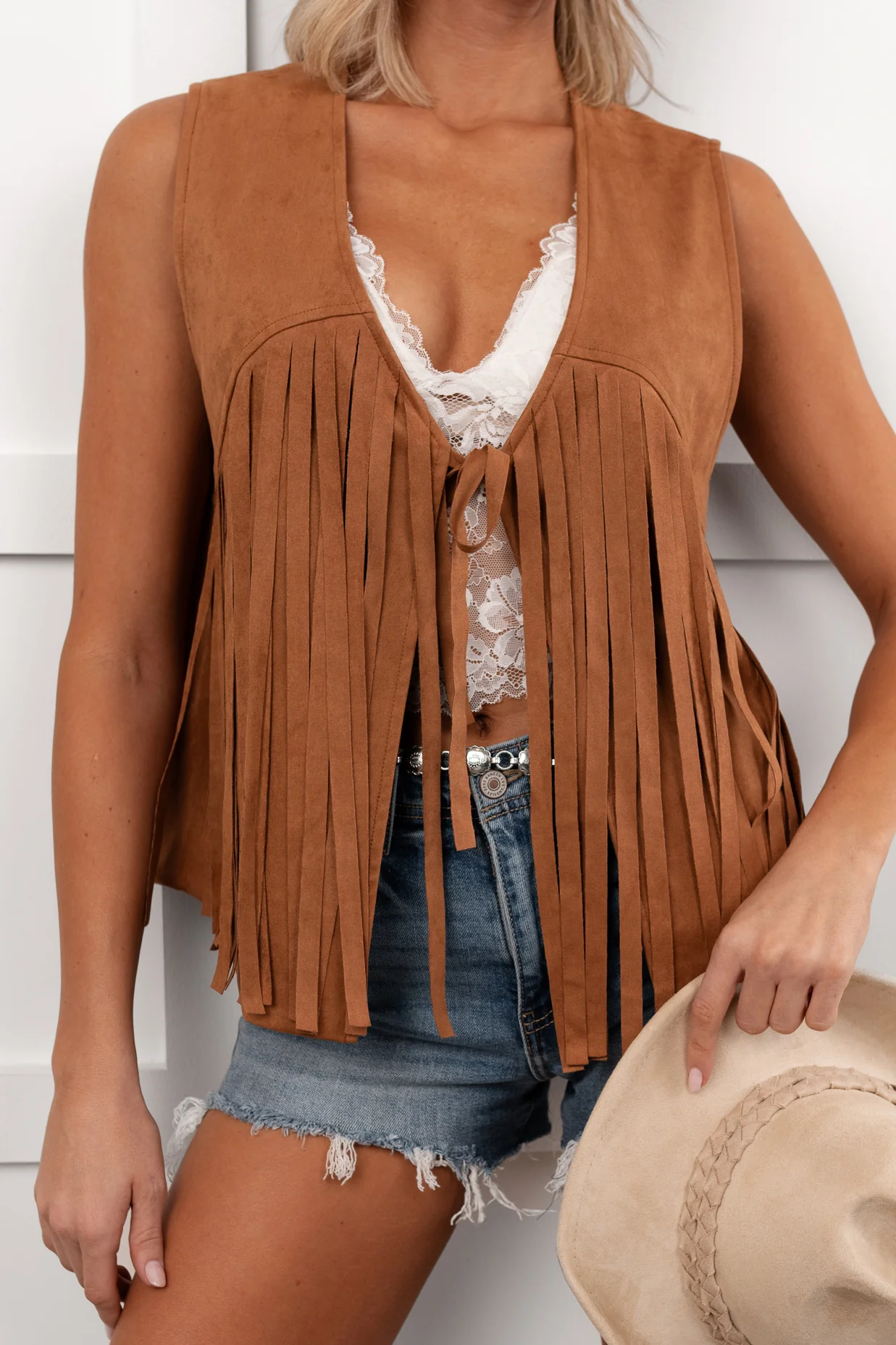 Barnwood Love Faux Suede Fringe Detail Vest (Camel) - Image 5