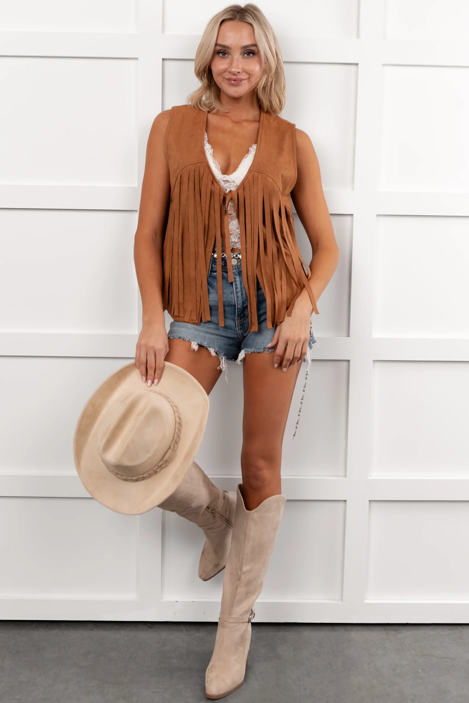 Barnwood Love Faux Suede Fringe Detail Vest (Camel) - Image 6
