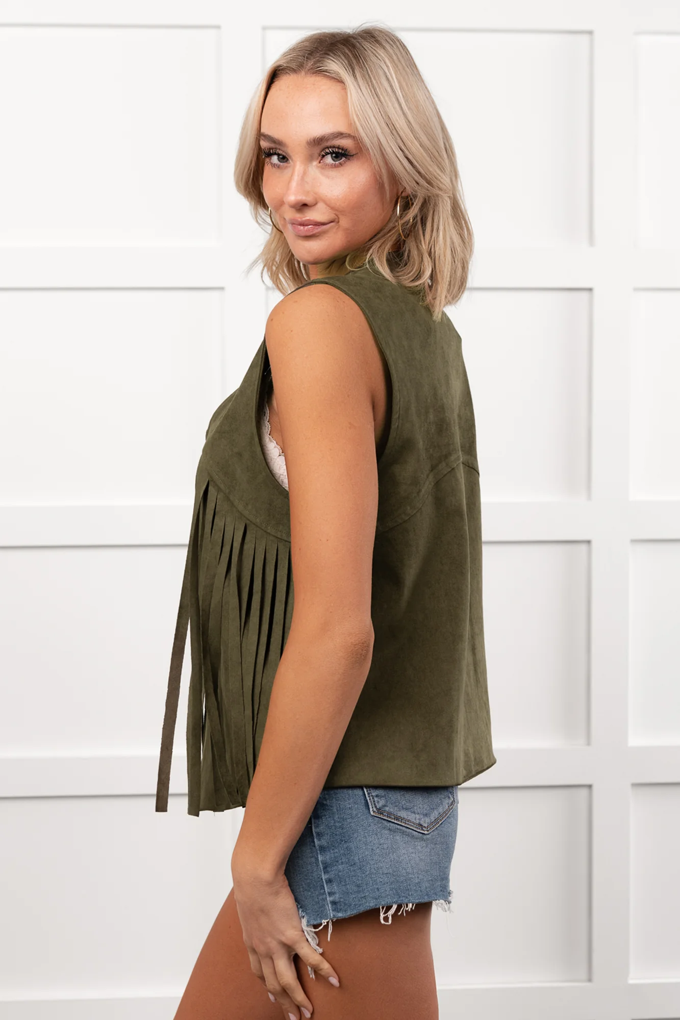 Barnwood Love Faux Suede Fringe Detail Vest (Dark Olive) - Image 6