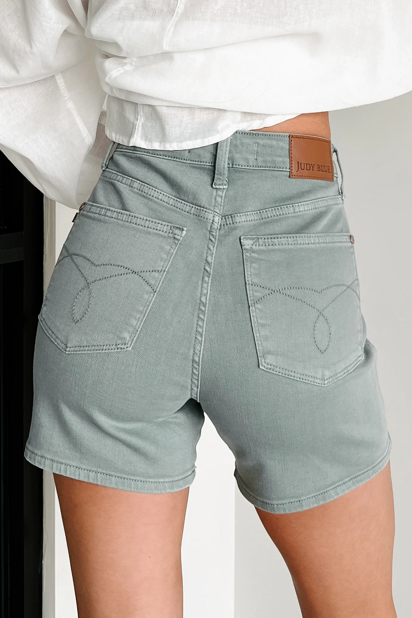 Beau High Rise Judy Blue Denim Shorts (Olive Stone) - Image 4
