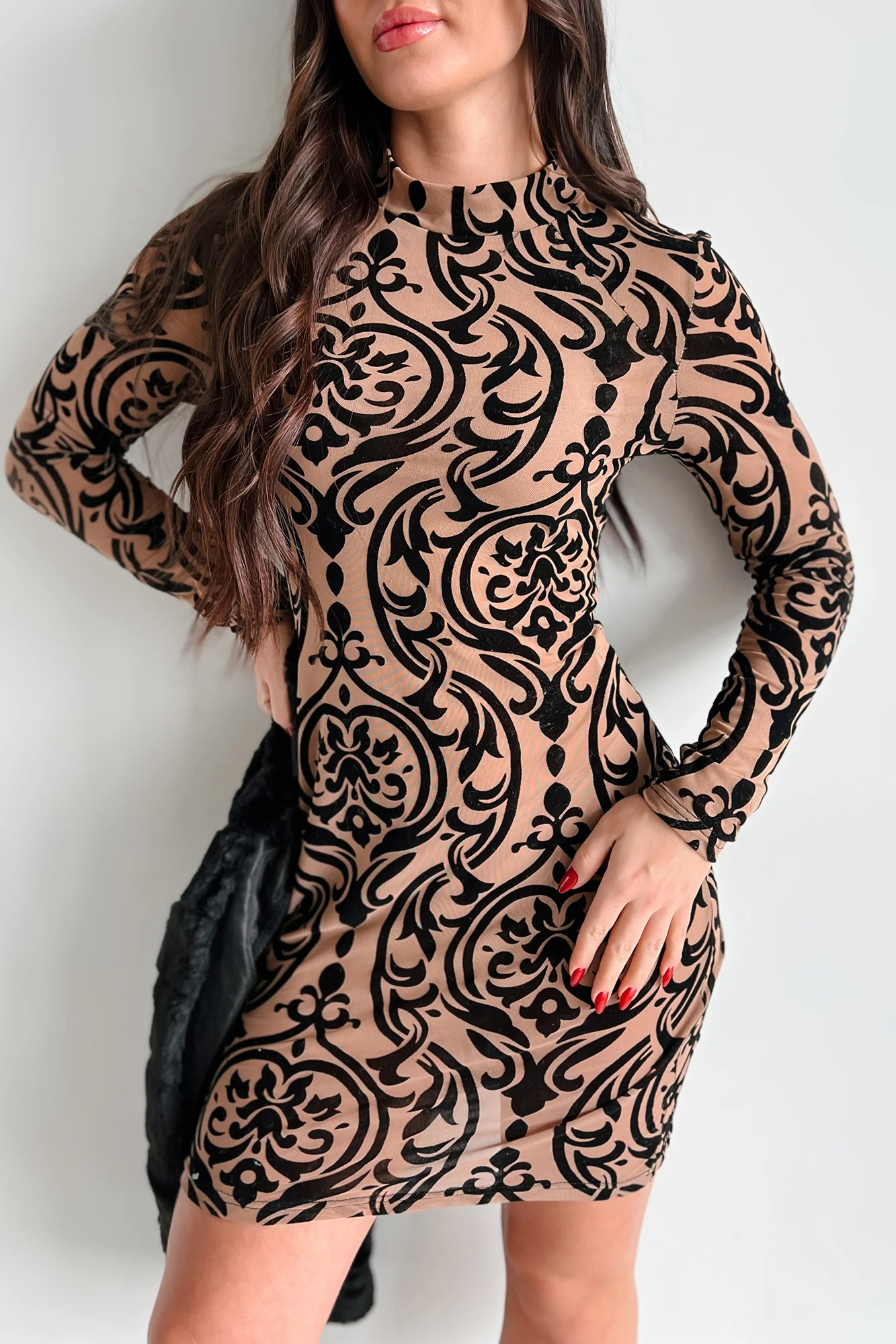 Beauty From Chaos Velvet Mesh Mini Dress (Coffee) - Image 2