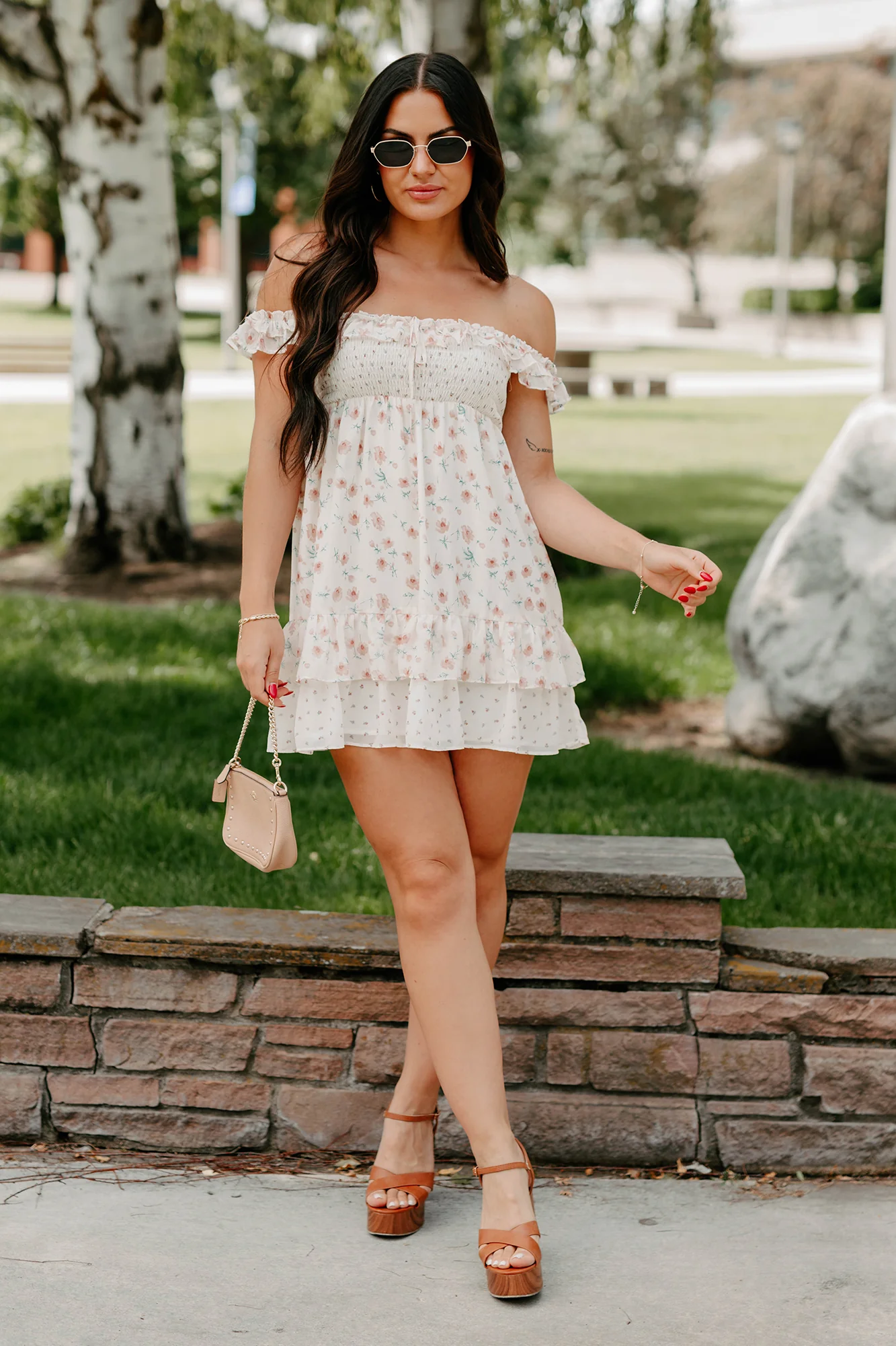 Becoming Her Off The Shoulder Floral Mini Dress (Cream) - Image 3