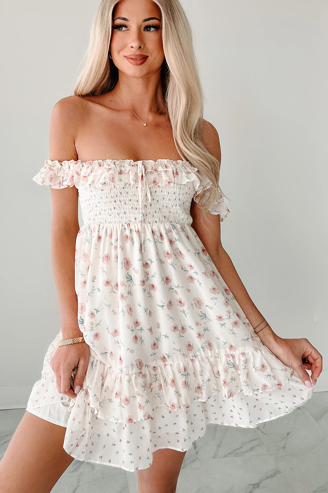 Becoming Her Off The Shoulder Floral Mini Dress (Cream) - Image 4