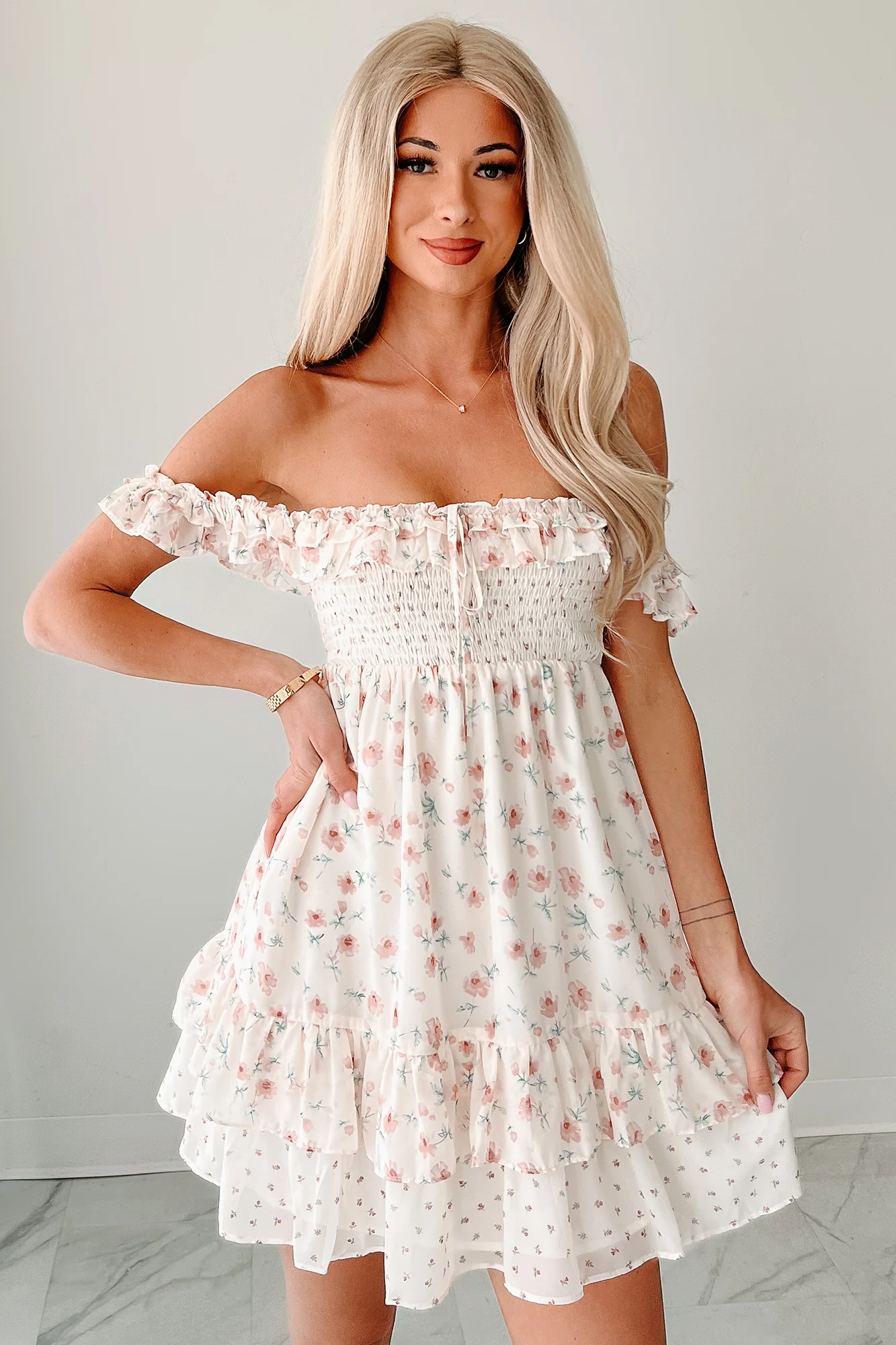 Becoming Her Off The Shoulder Floral Mini Dress (Cream) - Image 8