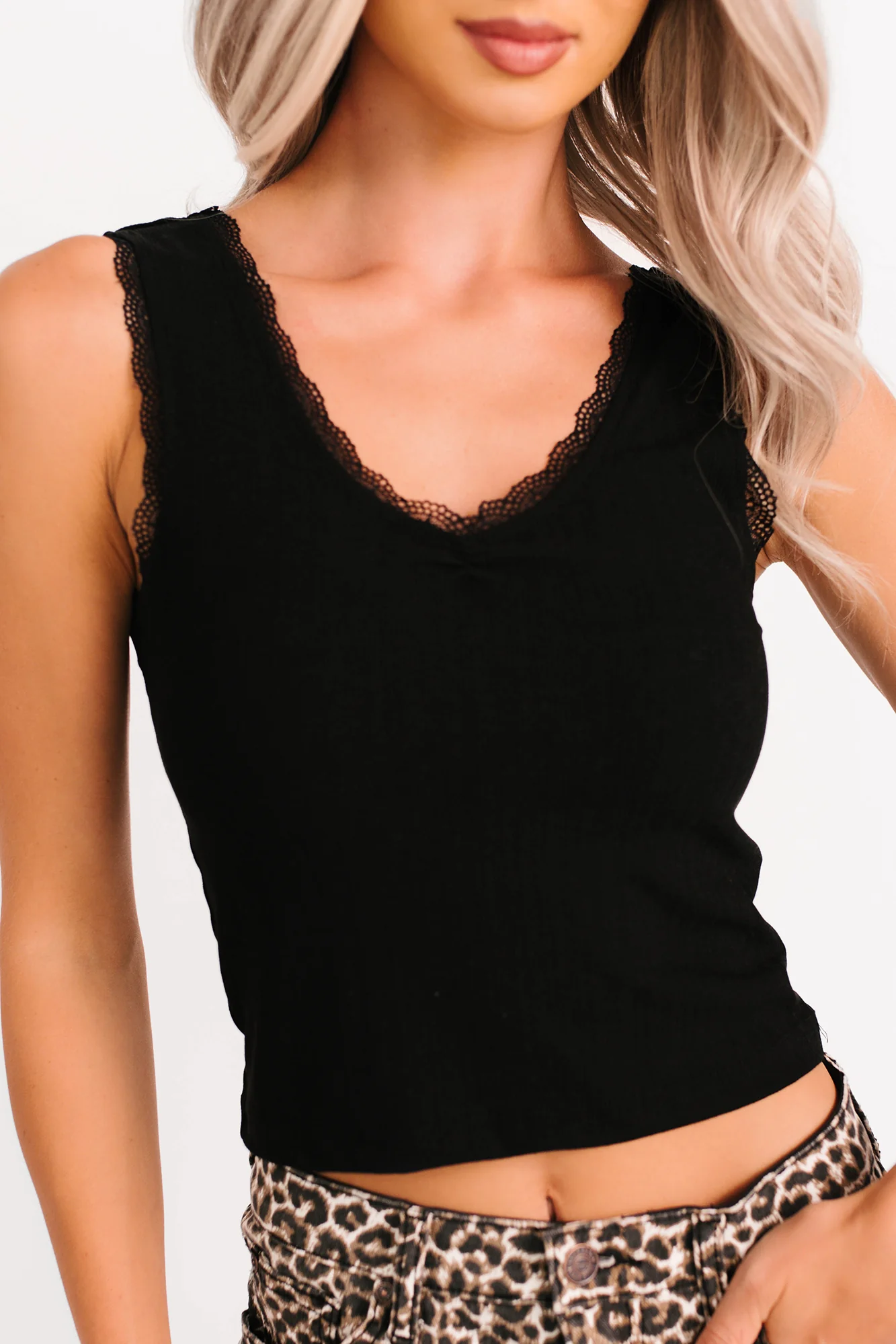 Bed Of Roses Ribbed Lace Trim Tank Top (Black) - Image 5