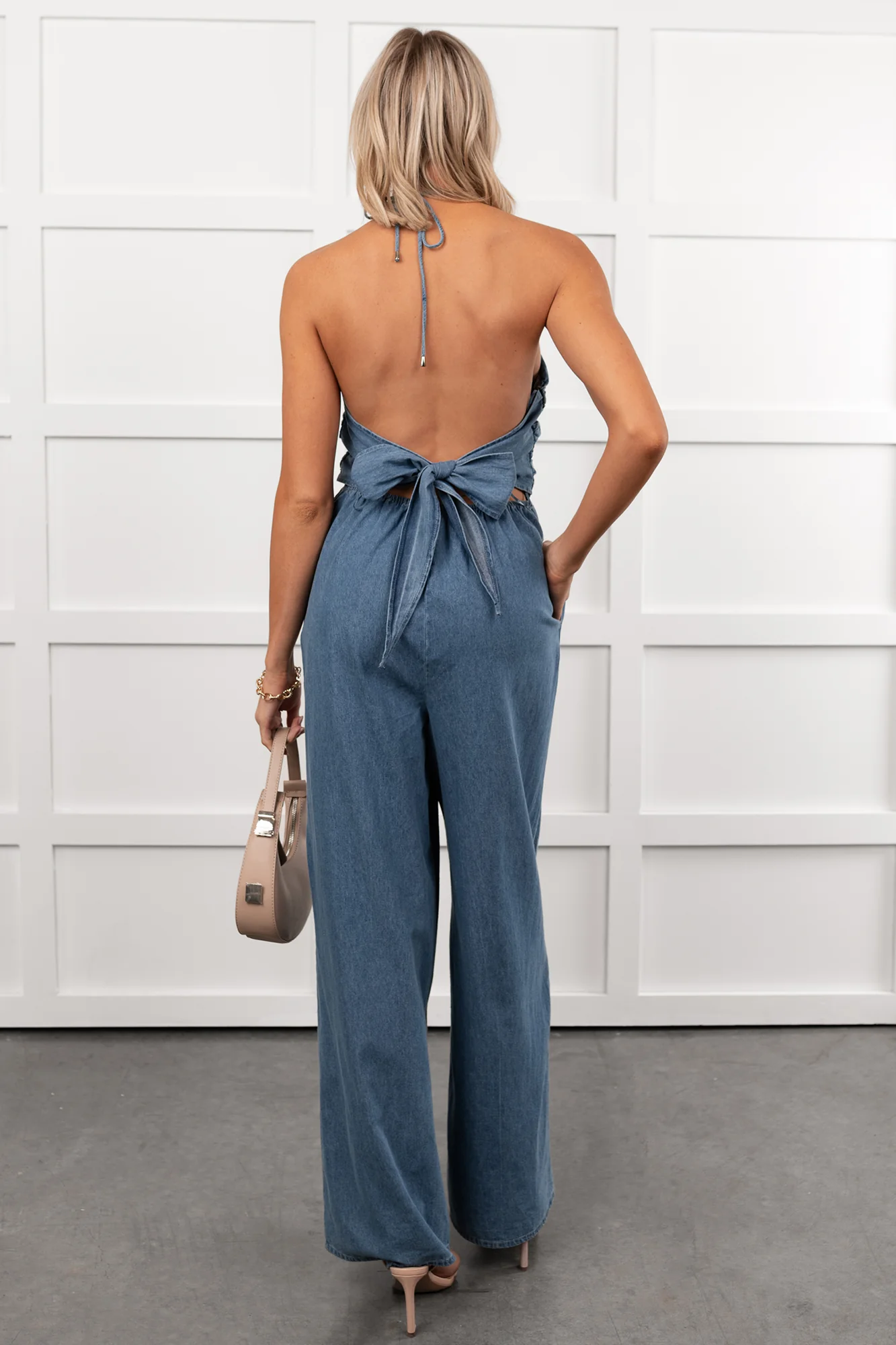 Been Done Before Halter Tie Wide Leg Jumpsuit (Denim) - Image 7