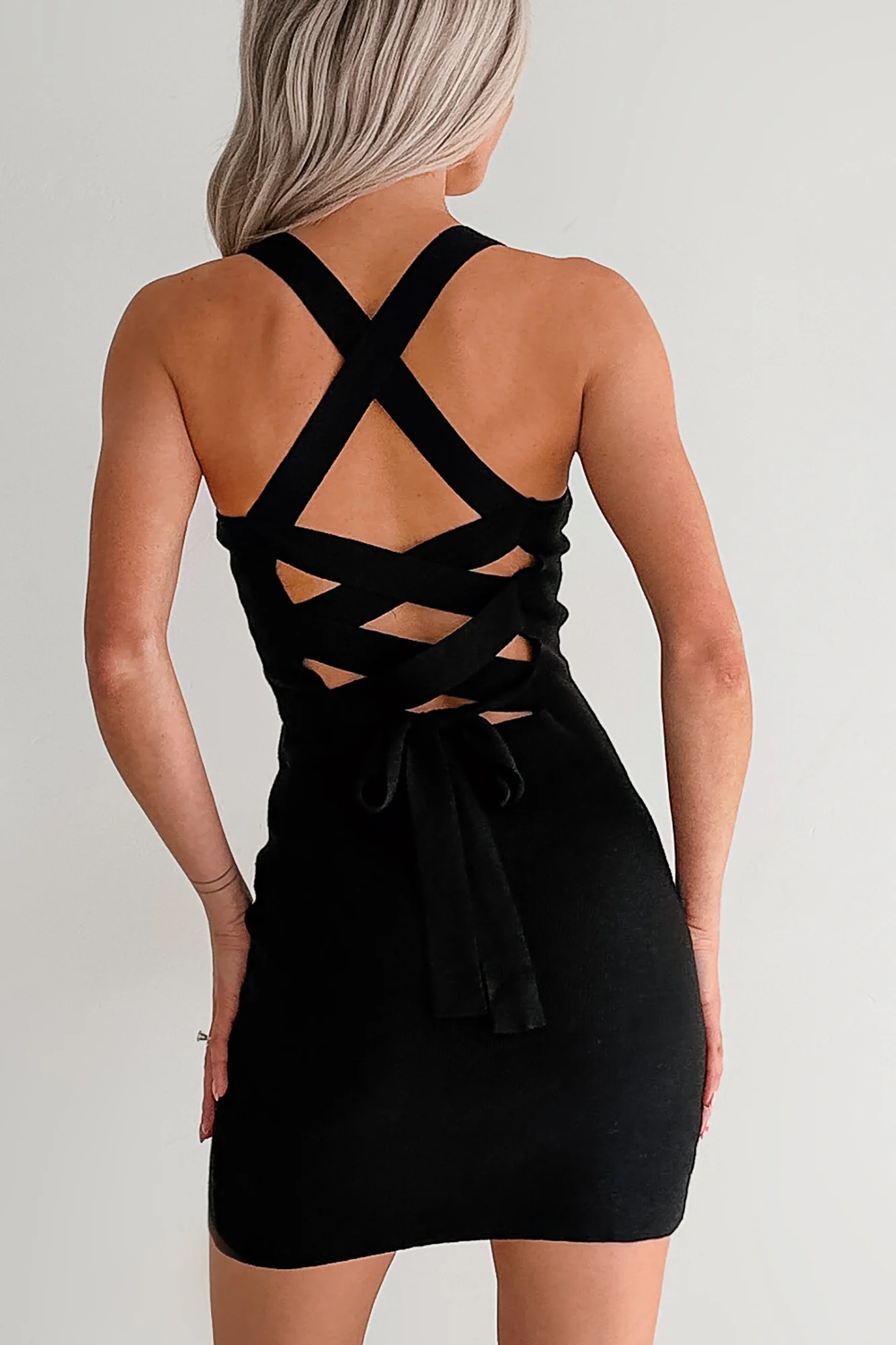 Best Of Luck Criss Cross Back Strap Bodycon Mini Dress (Black) - Image 5