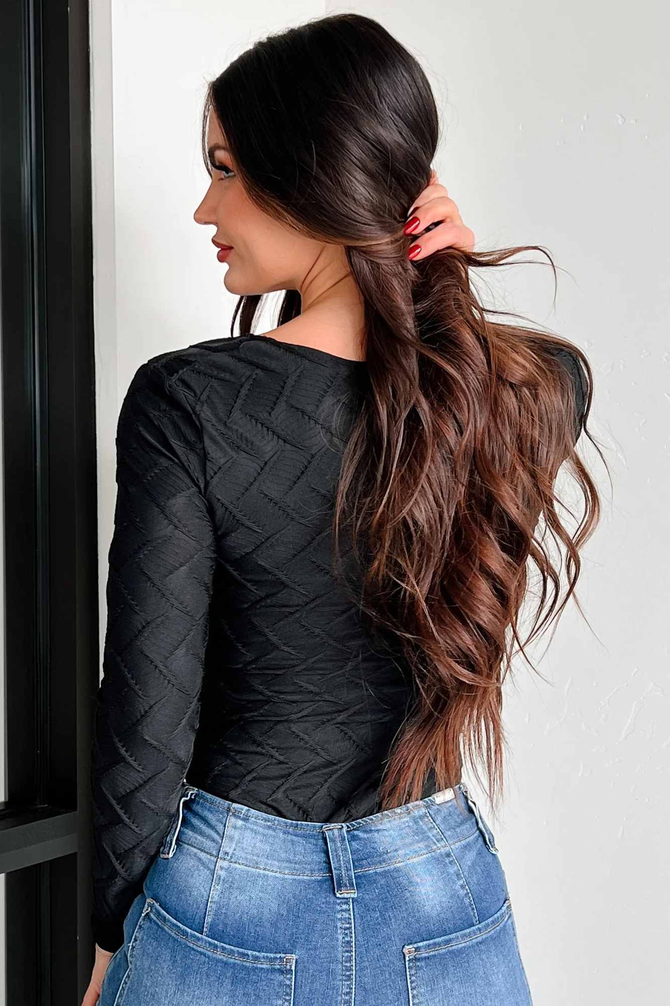 Better Be Nice Textured Long Sleeve Bodysuit (Black) - Image 6