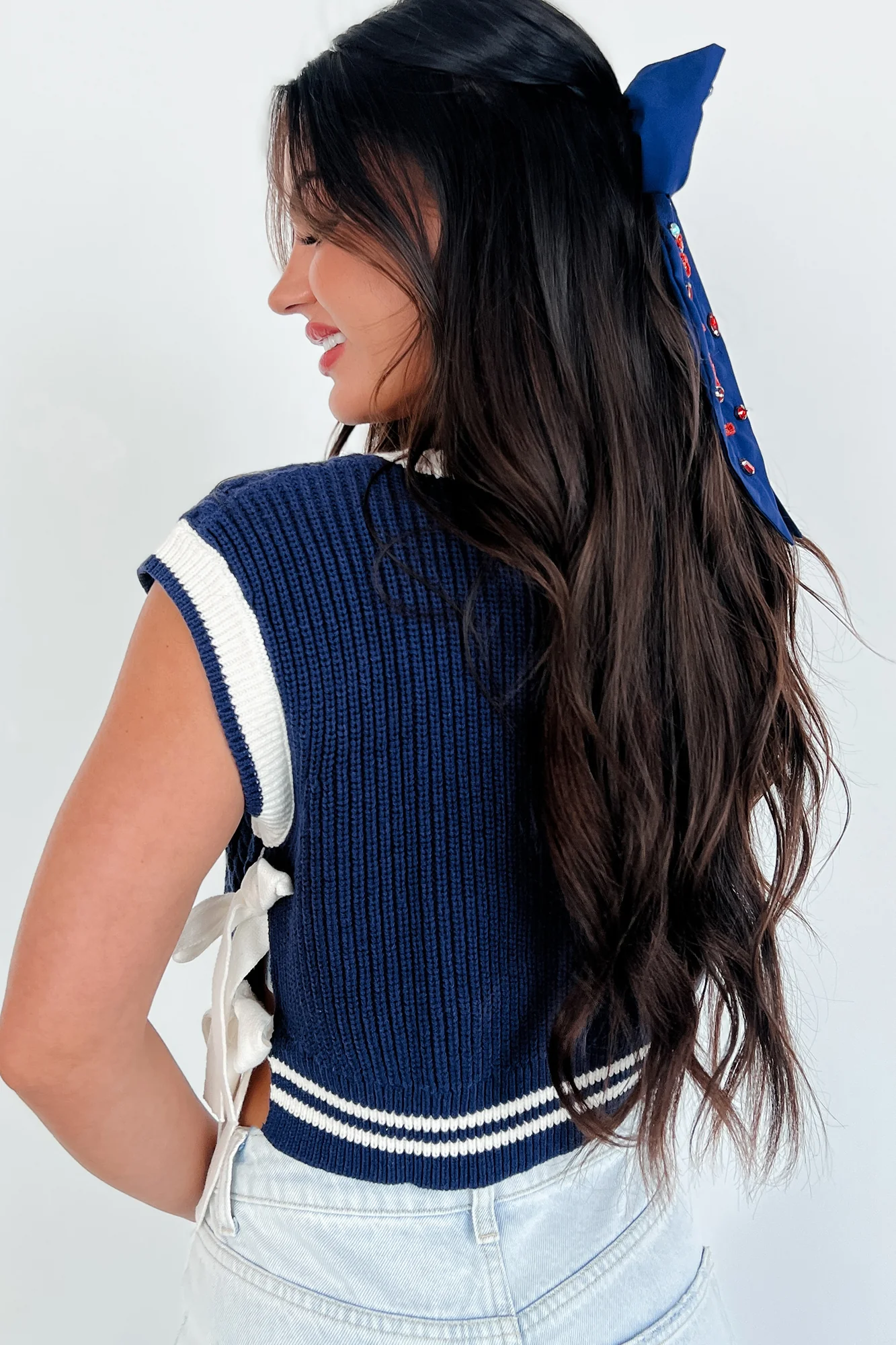 Better Take Notes Side Tie Sweater Vest (Navy/Off White) - Image 3