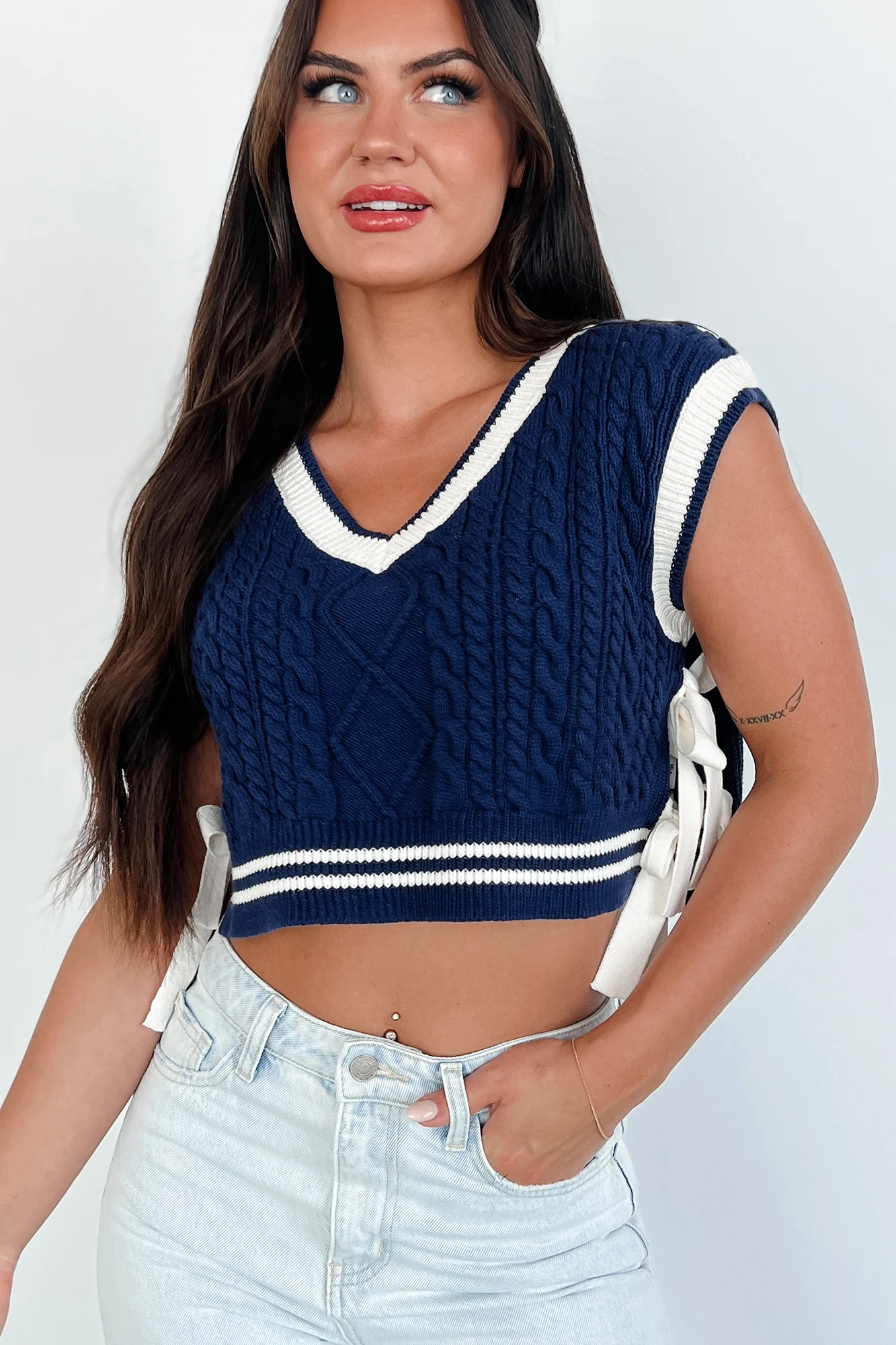 Better Take Notes Side Tie Sweater Vest (Navy/Off White) - Image 5