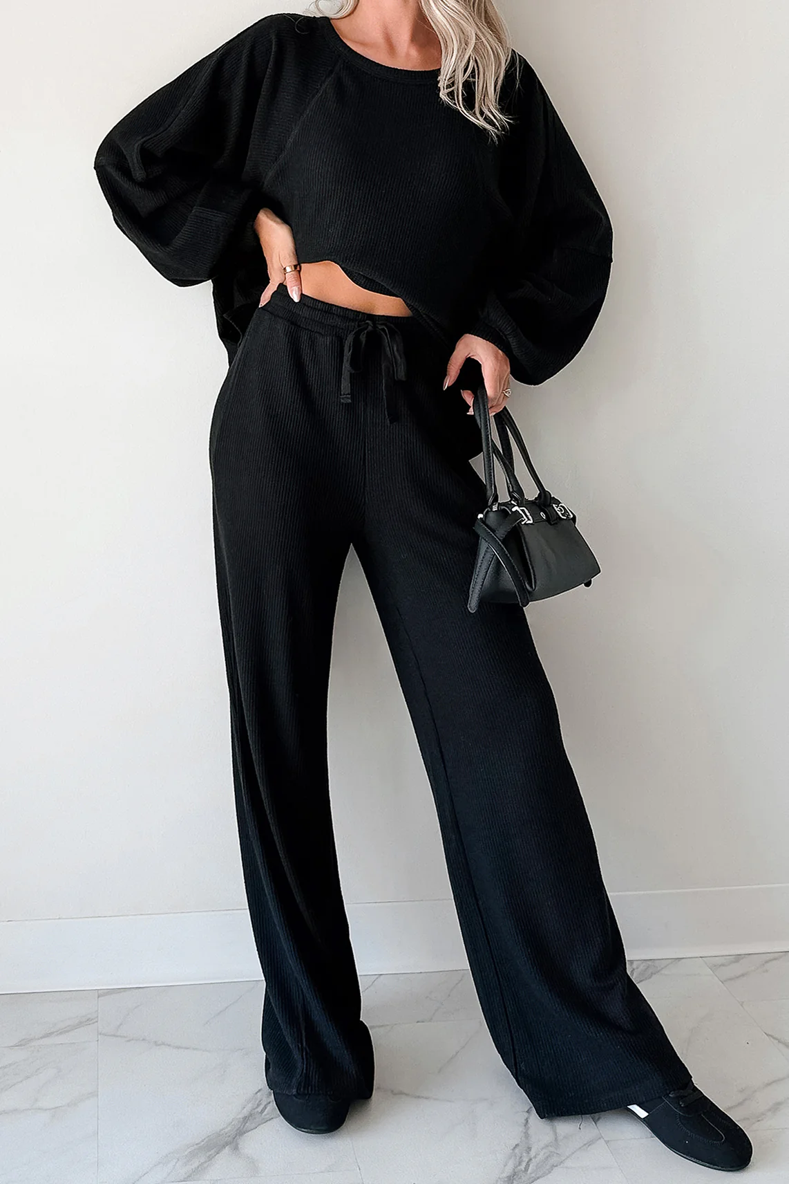 Beyond Horizons Waffle Knit Wide Leg Pants (Black) - Image 2