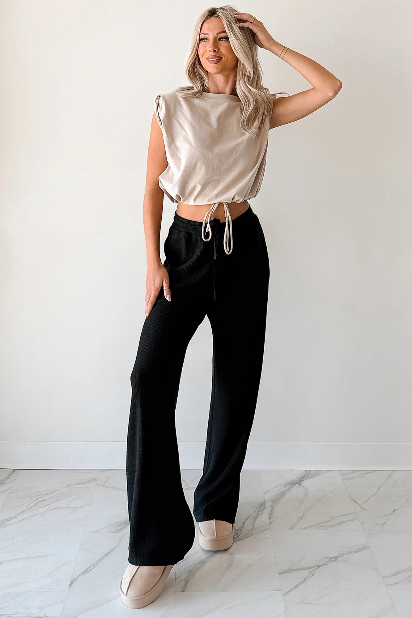 Beyond Horizons Waffle Knit Wide Leg Pants (Black) - Image 5