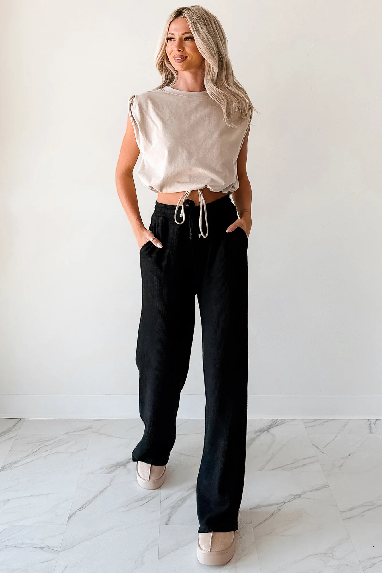 Beyond Horizons Waffle Knit Wide Leg Pants (Black) - Image 6