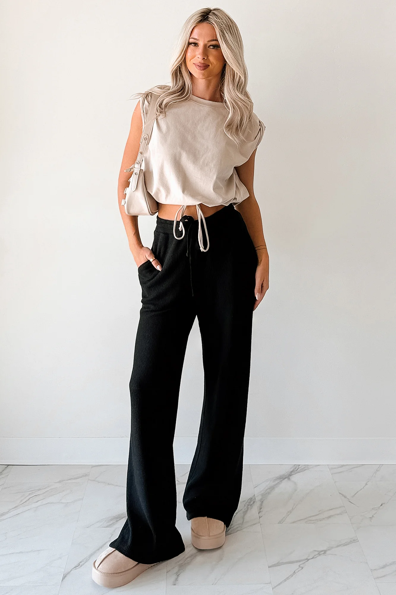Beyond Horizons Waffle Knit Wide Leg Pants (Black) - Image 7