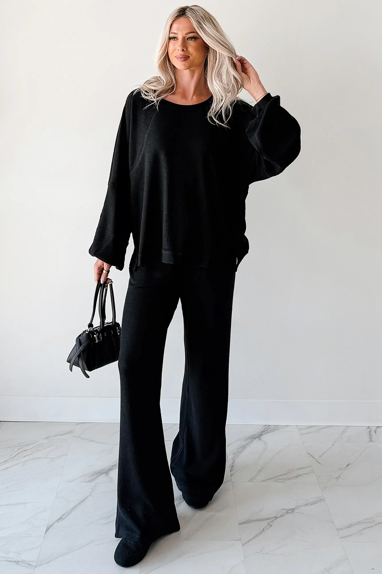 Beyond Horizons Waffle Knit Wide Leg Pants (Black) - Image 8