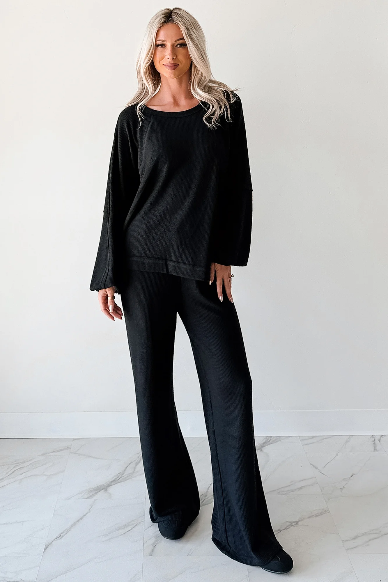 Beyond Horizons Waffle Knit Wide Leg Pants (Black) - Image 9