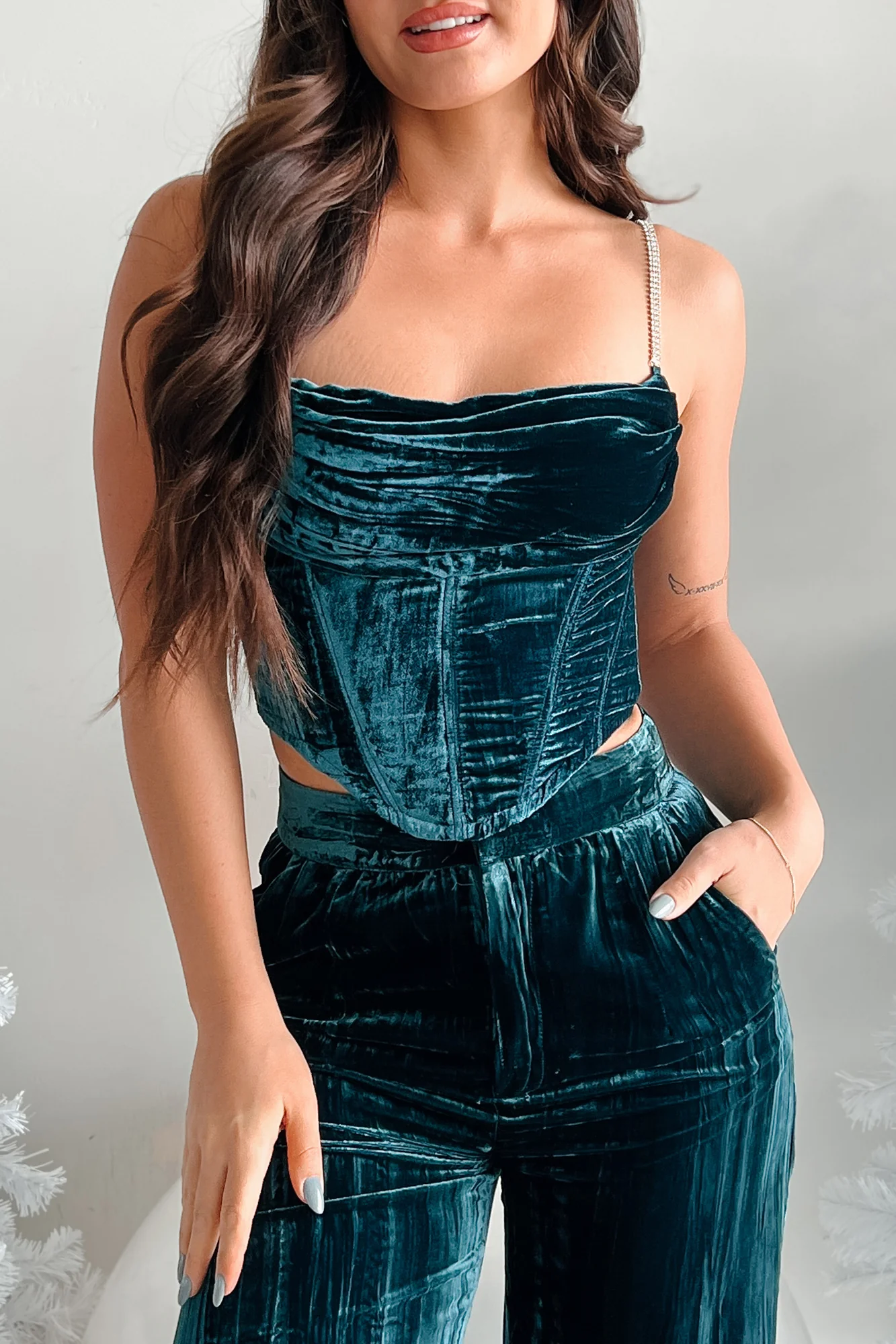 Big Time Glam Velvet Corset Top (Teal) - Image 9