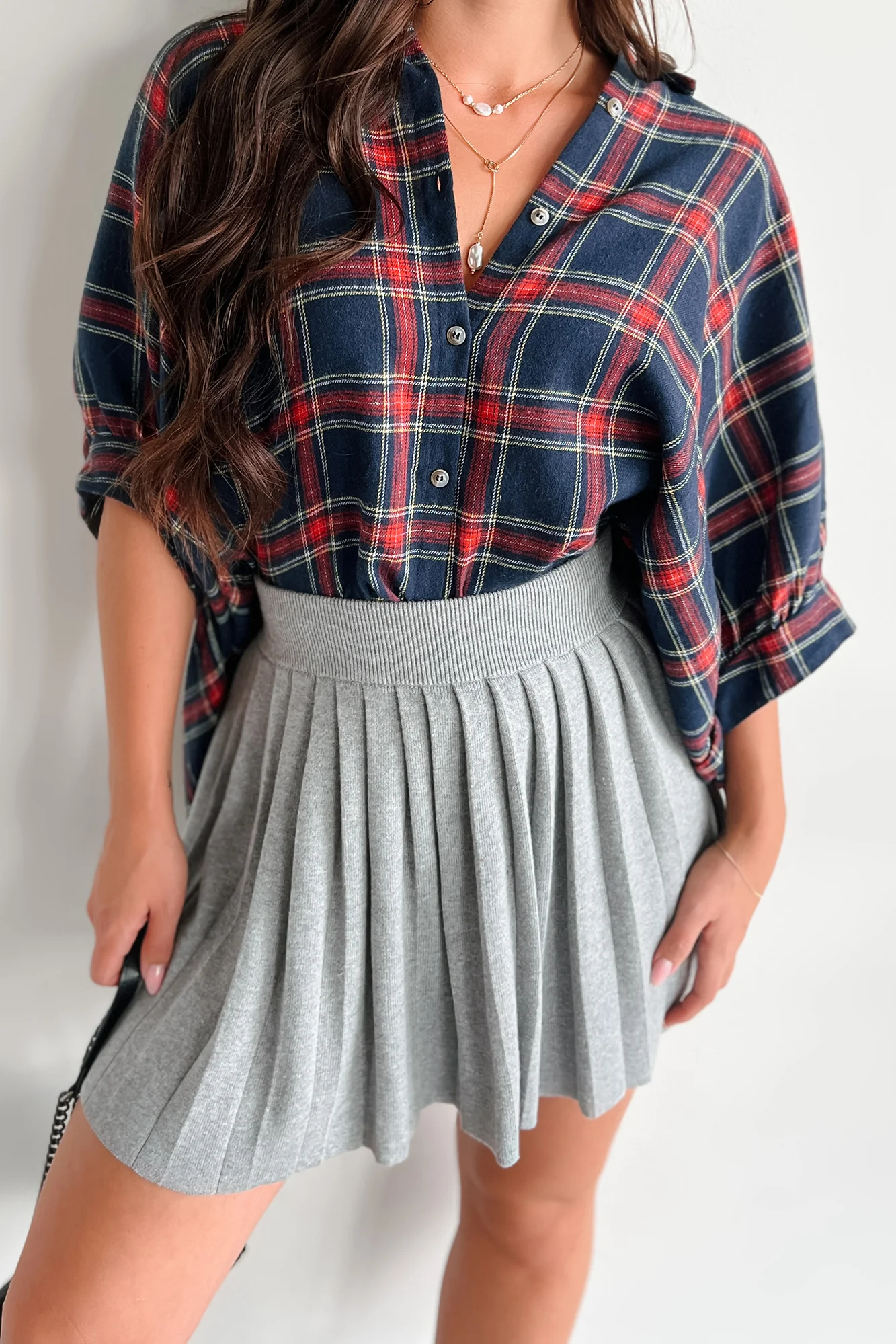 Bijou Plaid Oversized Button-Down Shirt (Navy) - Image 3