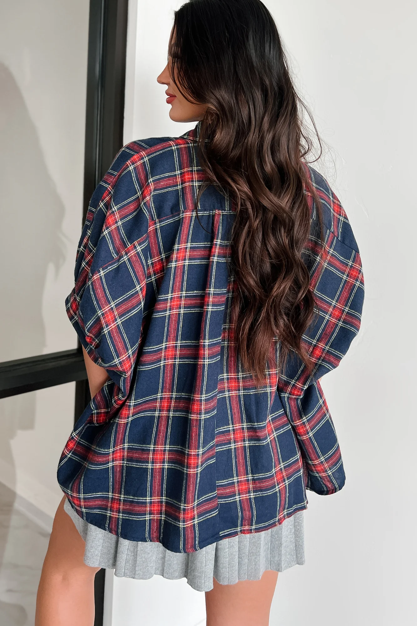 Bijou Plaid Oversized Button-Down Shirt (Navy) - Image 7