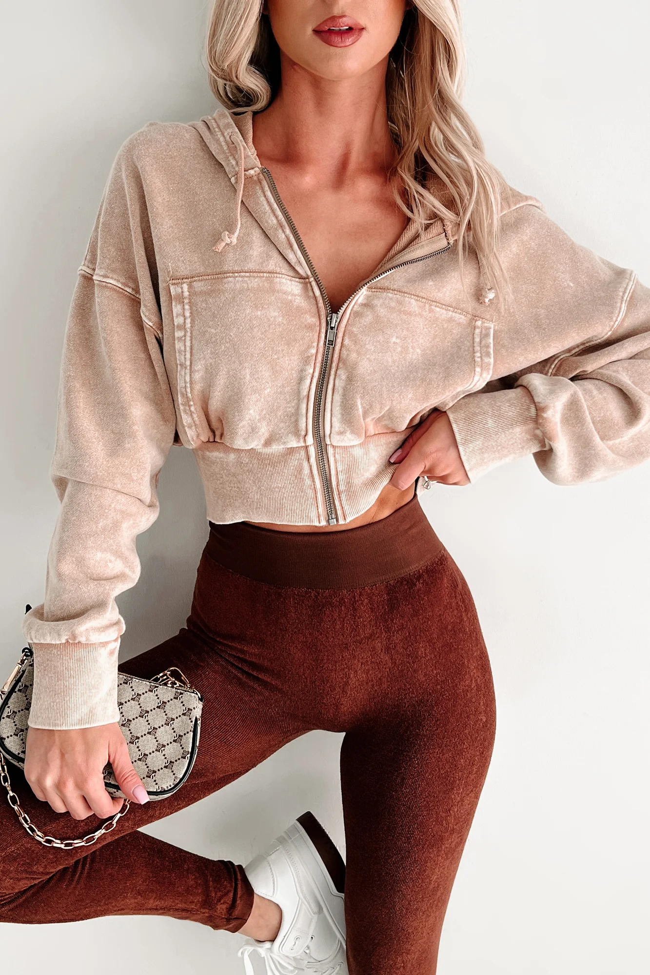 Bite The Dust Cropped Zip-Up Hoodie (Dark Taupe) - Image 3