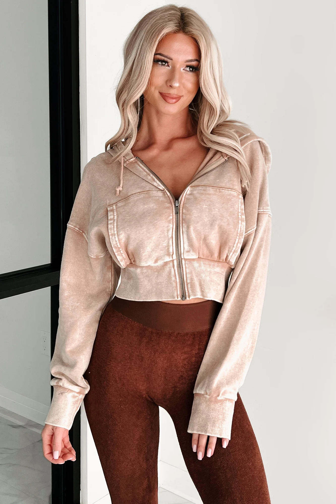 Bite The Dust Cropped Zip-Up Hoodie (Dark Taupe) - Image 9