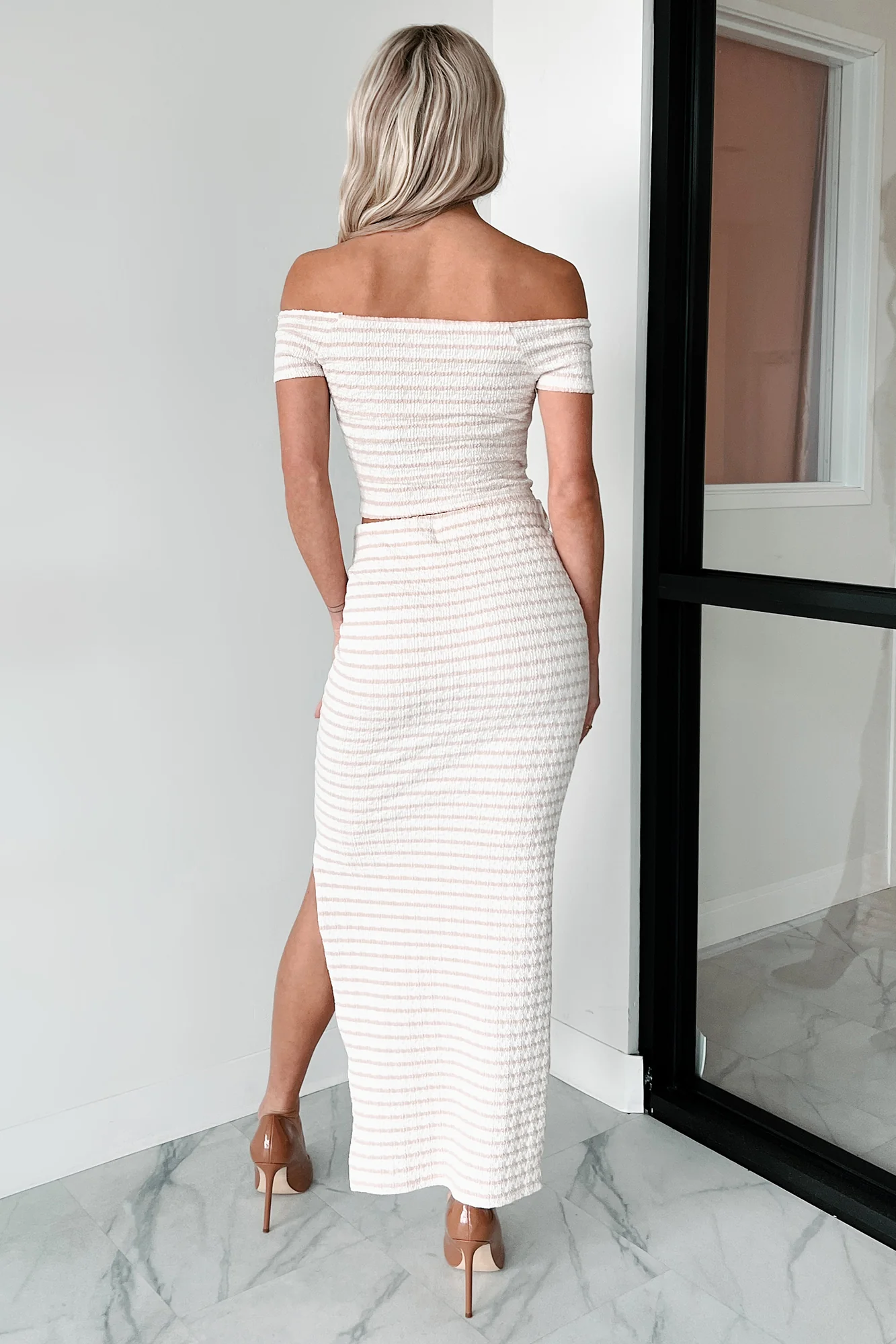 Blissful Mood Striped Crop Top & Skirt Set (Ivory/Taupe) - Image 5
