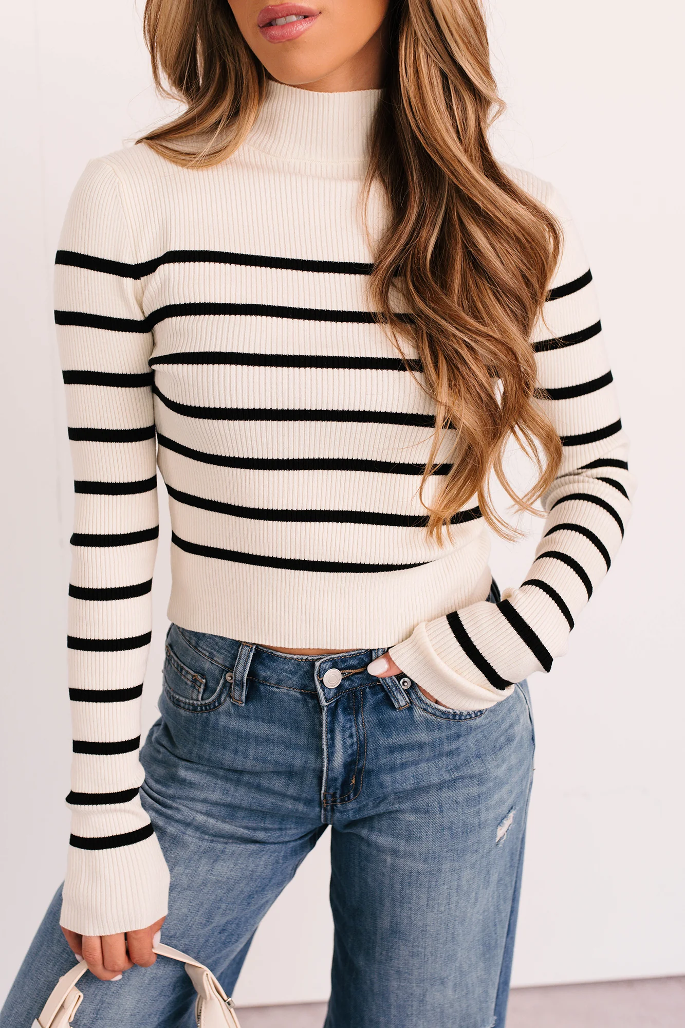 Blissful Rest Striped Mock Neck Sweater Top (Cream/Black) - Image 4