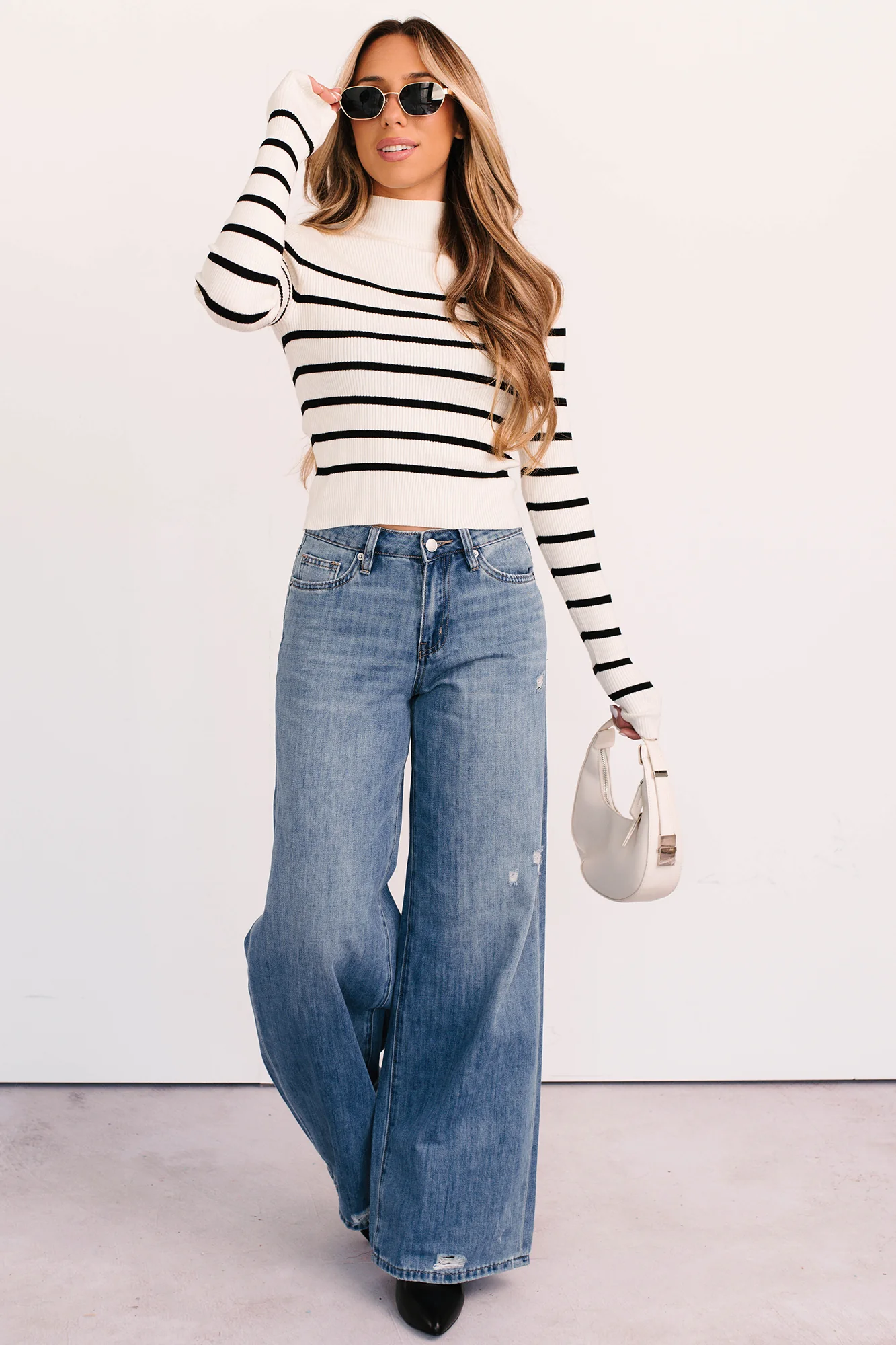 Blissful Rest Striped Mock Neck Sweater Top (Cream/Black) - Image 5