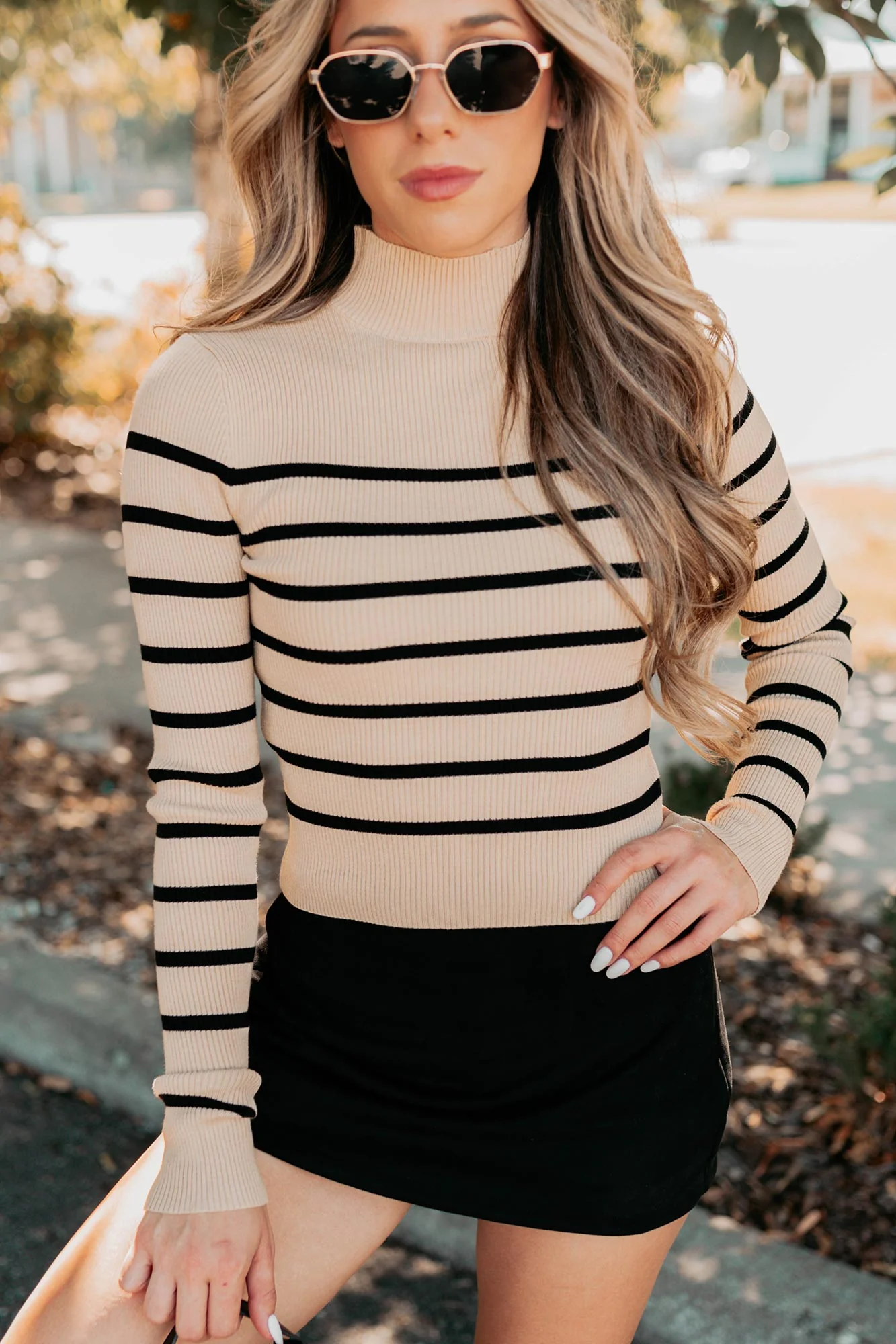 Blissful Rest Striped Mock Neck Sweater Top (Taupe/Black) - Image 2