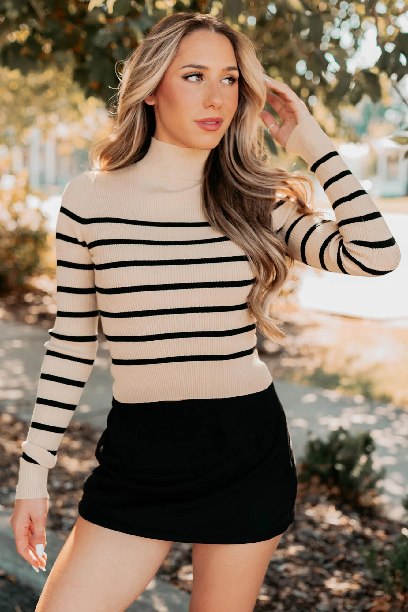 Blissful Rest Striped Mock Neck Sweater Top (Taupe/Black) - Image 3