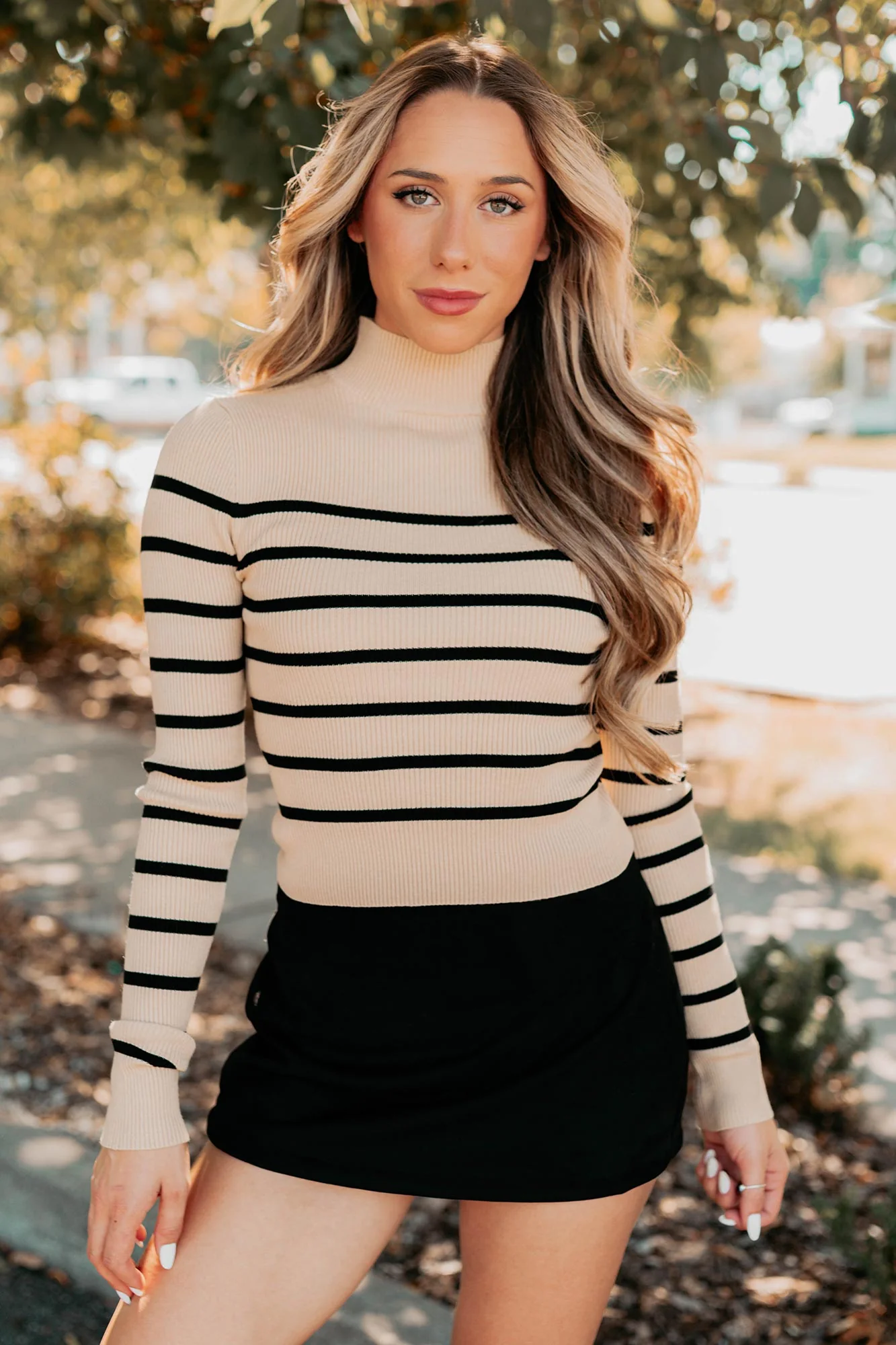 Blissful Rest Striped Mock Neck Sweater Top (Taupe/Black) - Image 7