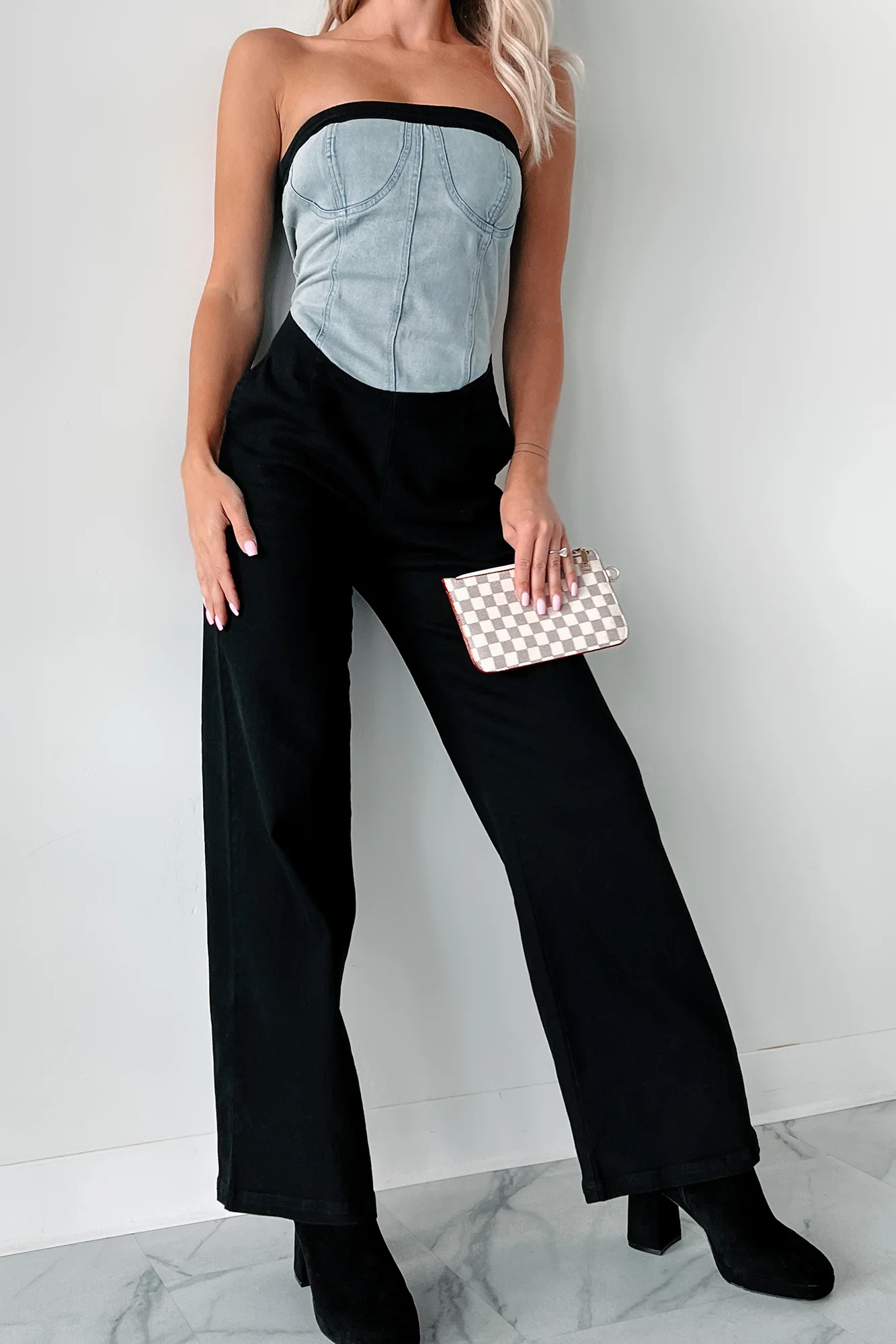 DOORBUSTER Blocking The Haters Denim Contrast Jumpsuit (Black/Denim) - Image 2