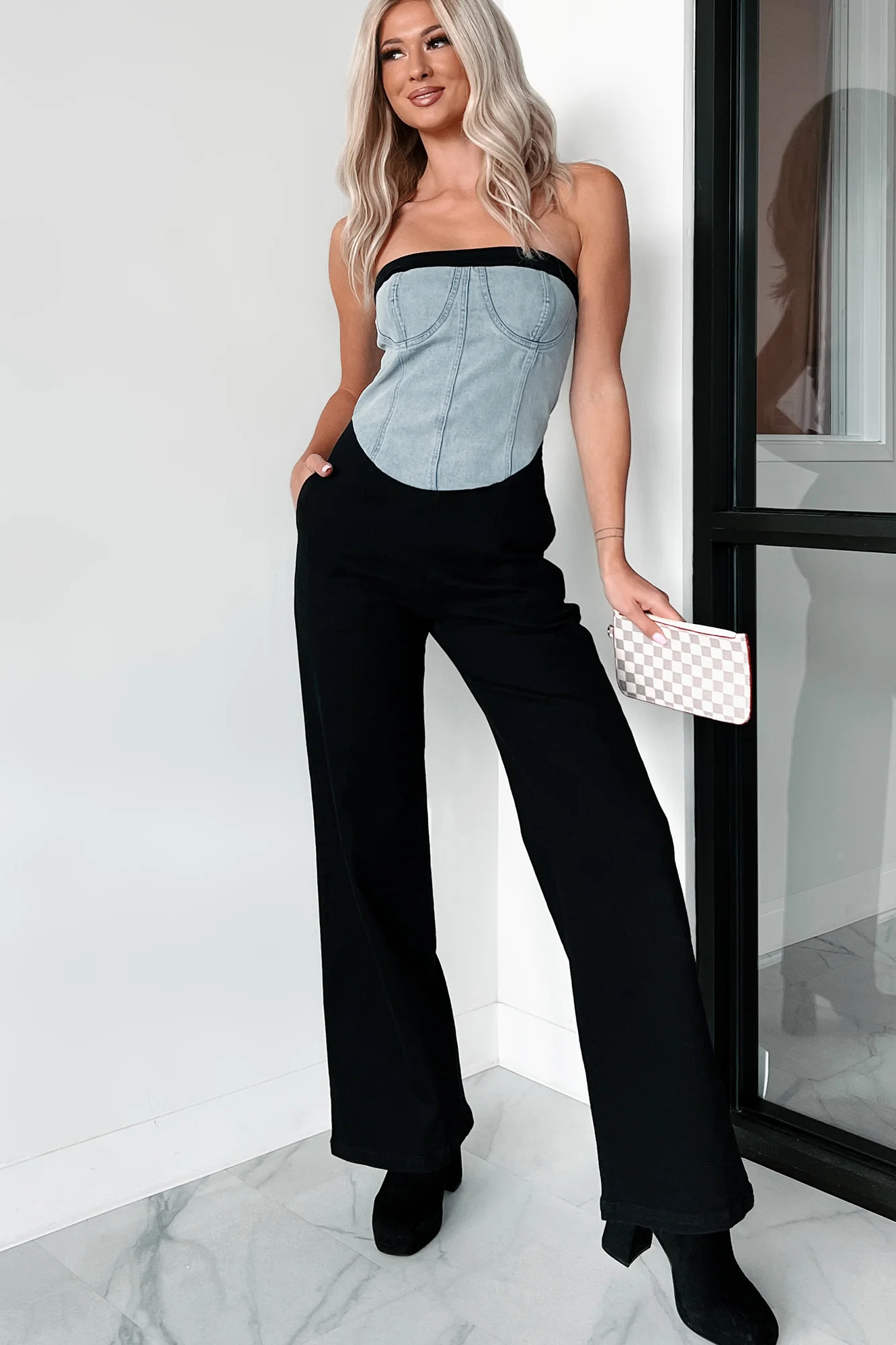 DOORBUSTER Blocking The Haters Denim Contrast Jumpsuit (Black/Denim) - Image 3